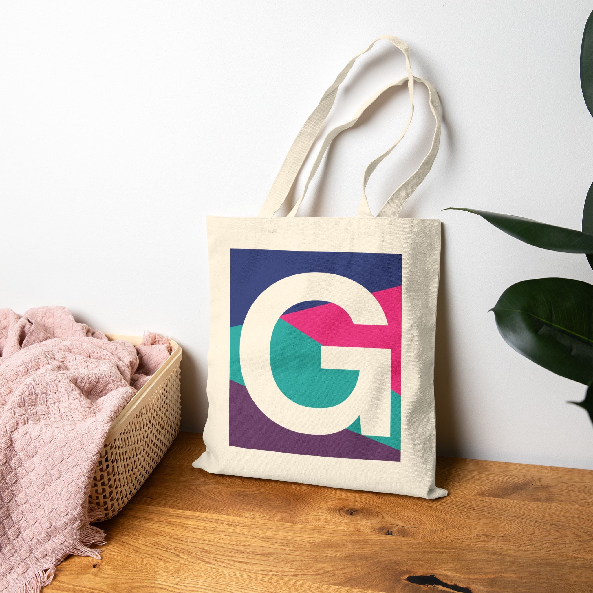 Initial G Colorblock Canvas Tote Bag — Monogram Letter G Reusable Grocery Tote