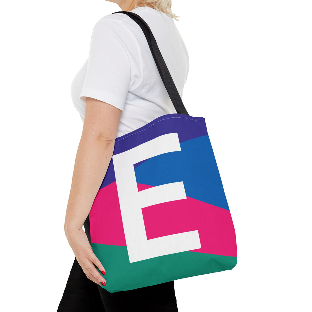 Monogram 'E' Colorblock Tote Bag — Personalized Initial E Shoulder Tote