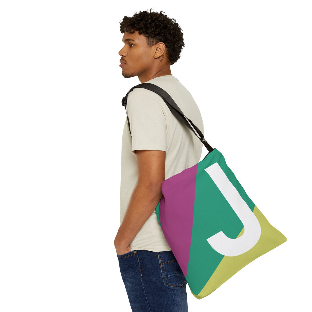 Initial Letter 'J' Colorblock Adjustable Tote Bag — Monogram Alphabet Shoulder Bag