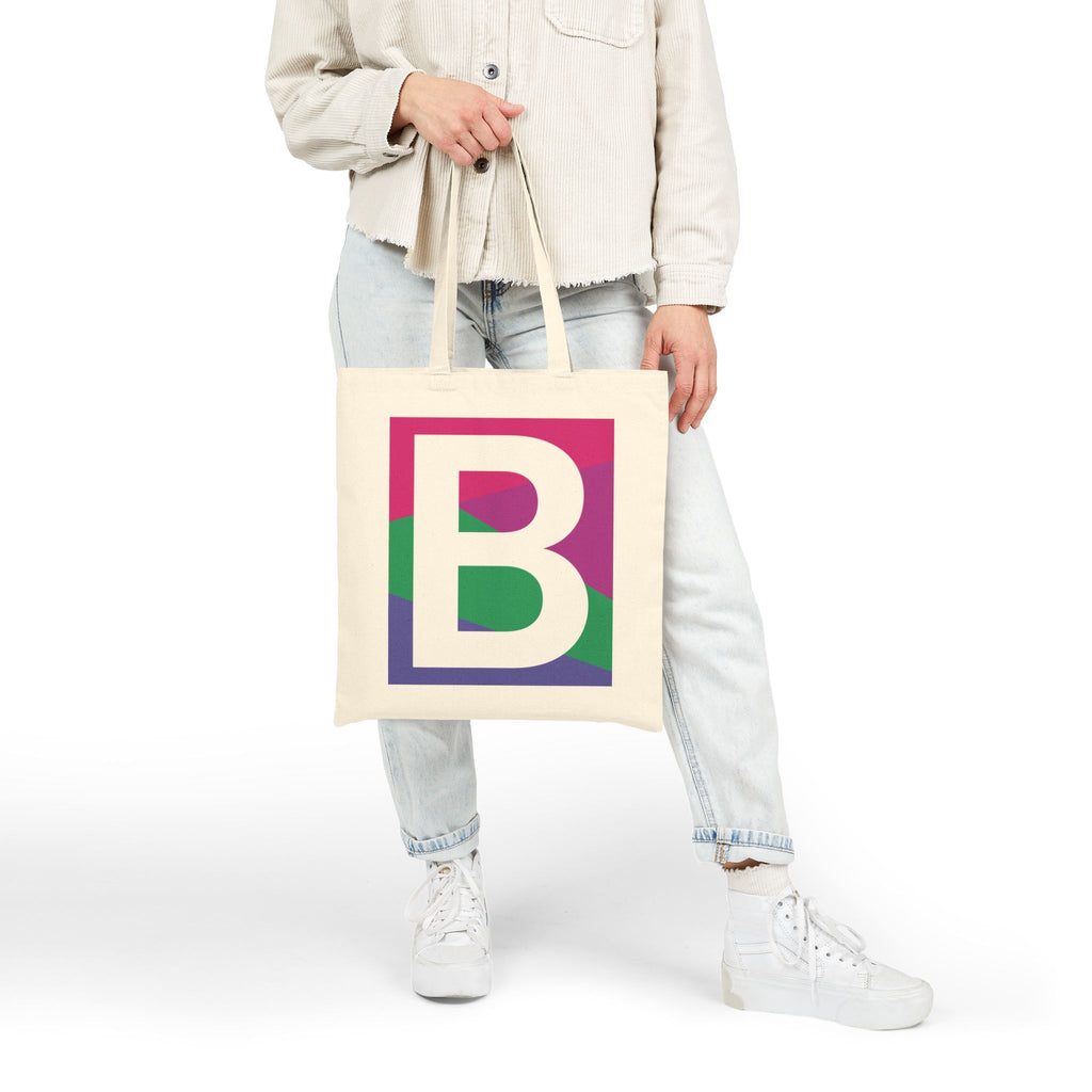 Initial B Colorblock Canvas Tote Bag — Monogram Letter B Reusable Grocery Tote
