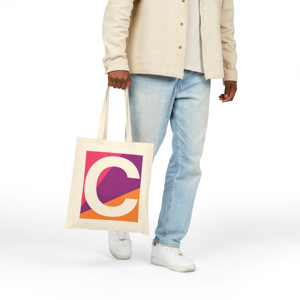 Initial C Colorblock Canvas Tote Bag — Monogram Letter C Reusable Grocery Tote