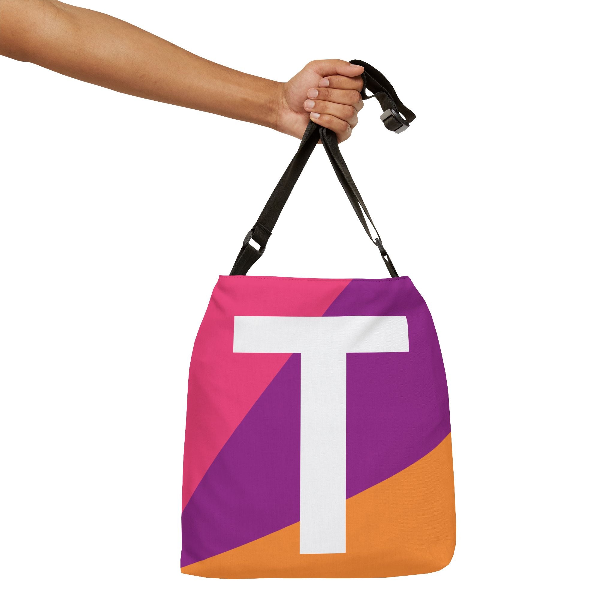 Initial Letter 'T' Colorblock Adjustable Tote Bag — Monogram Alphabet Shoulder Bag