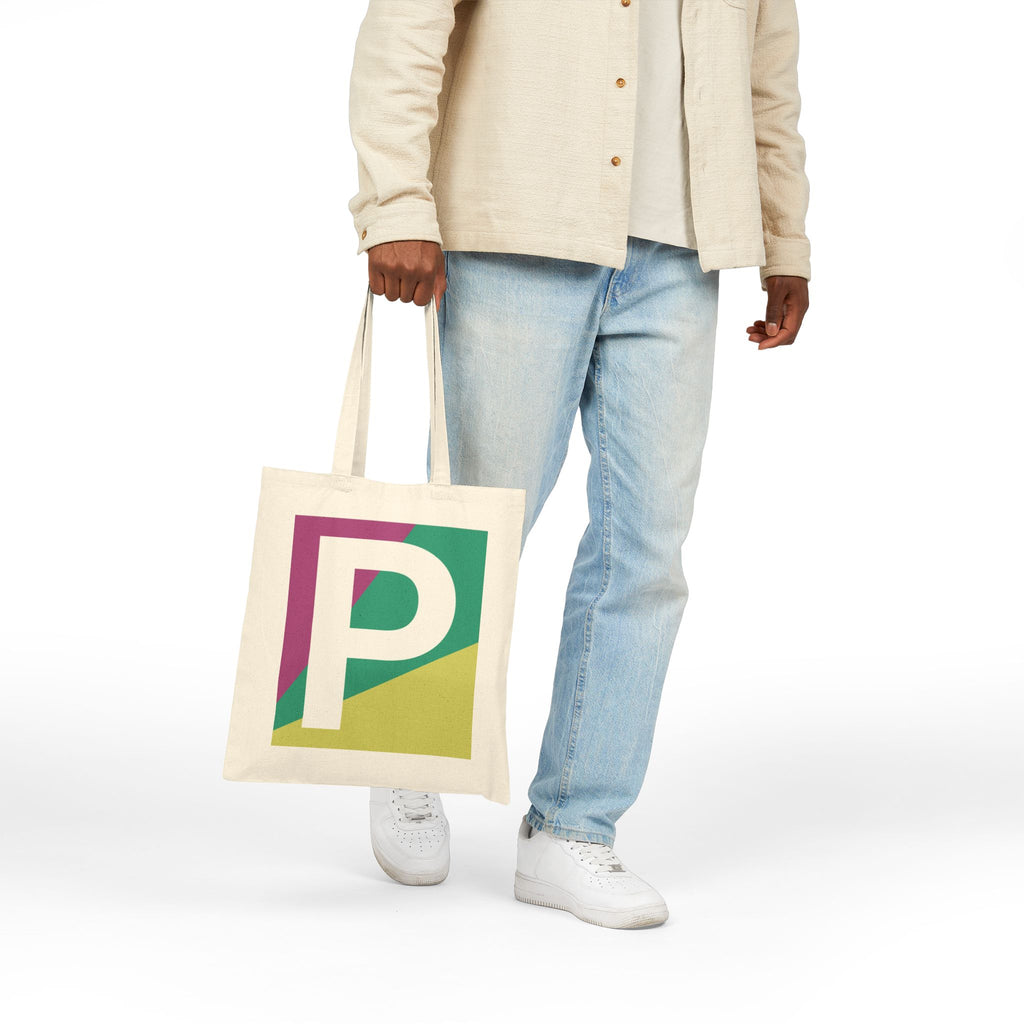 Initial P Colorblock Canvas Tote Bag — Monogram Letter P Reusable Grocery Tote