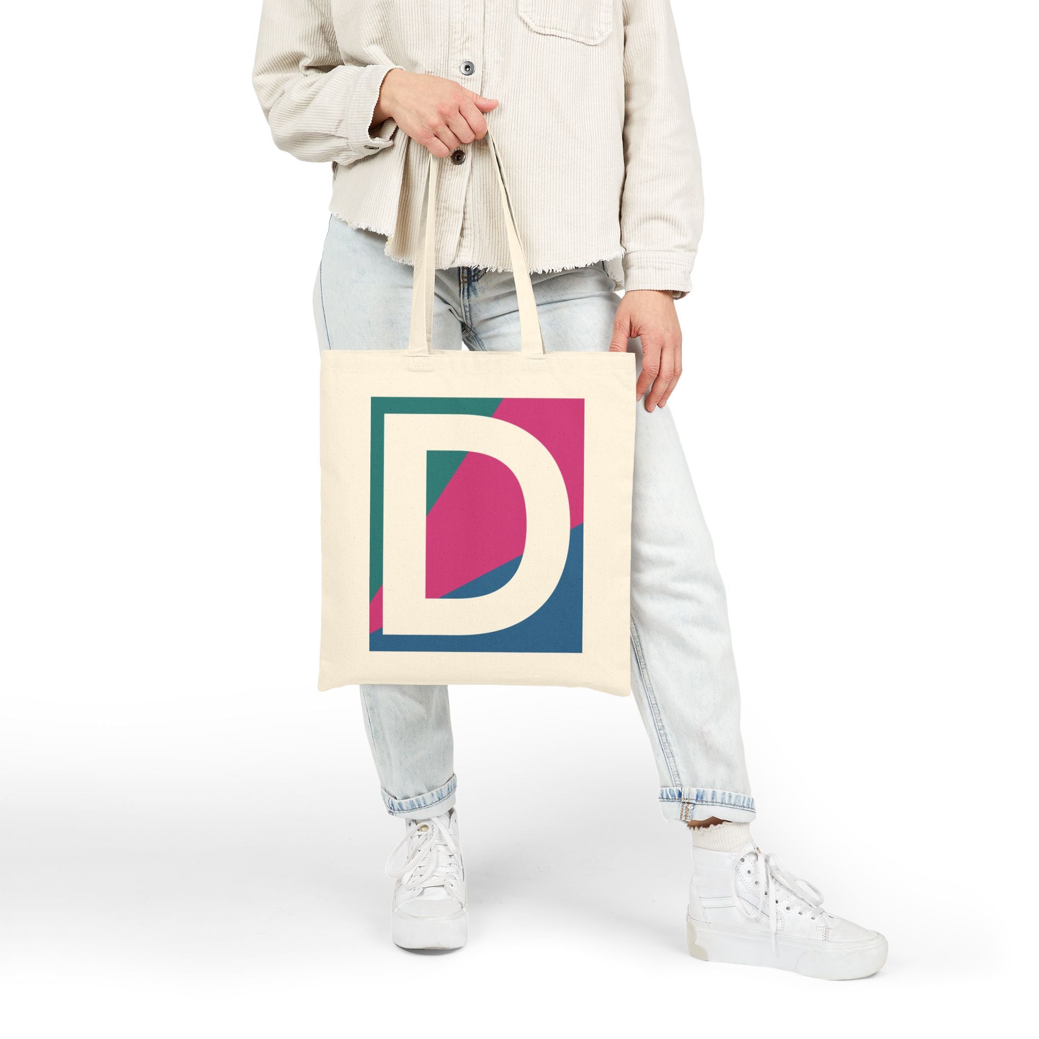 Initial D Colorblock Canvas Tote Bag — Monogram Letter D Reusable Grocery Tote