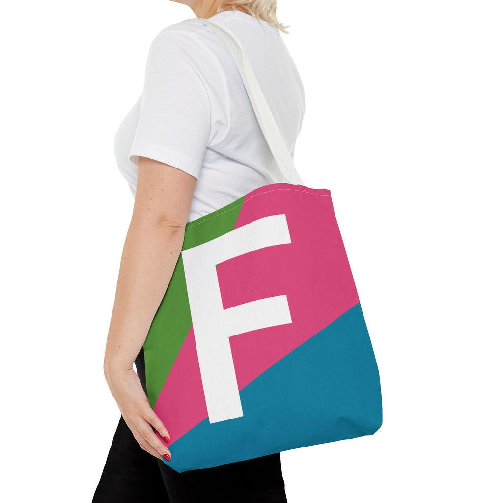 Monogram 'F' Colorblock Tote Bag — Personalized Initial F Shoulder Tote