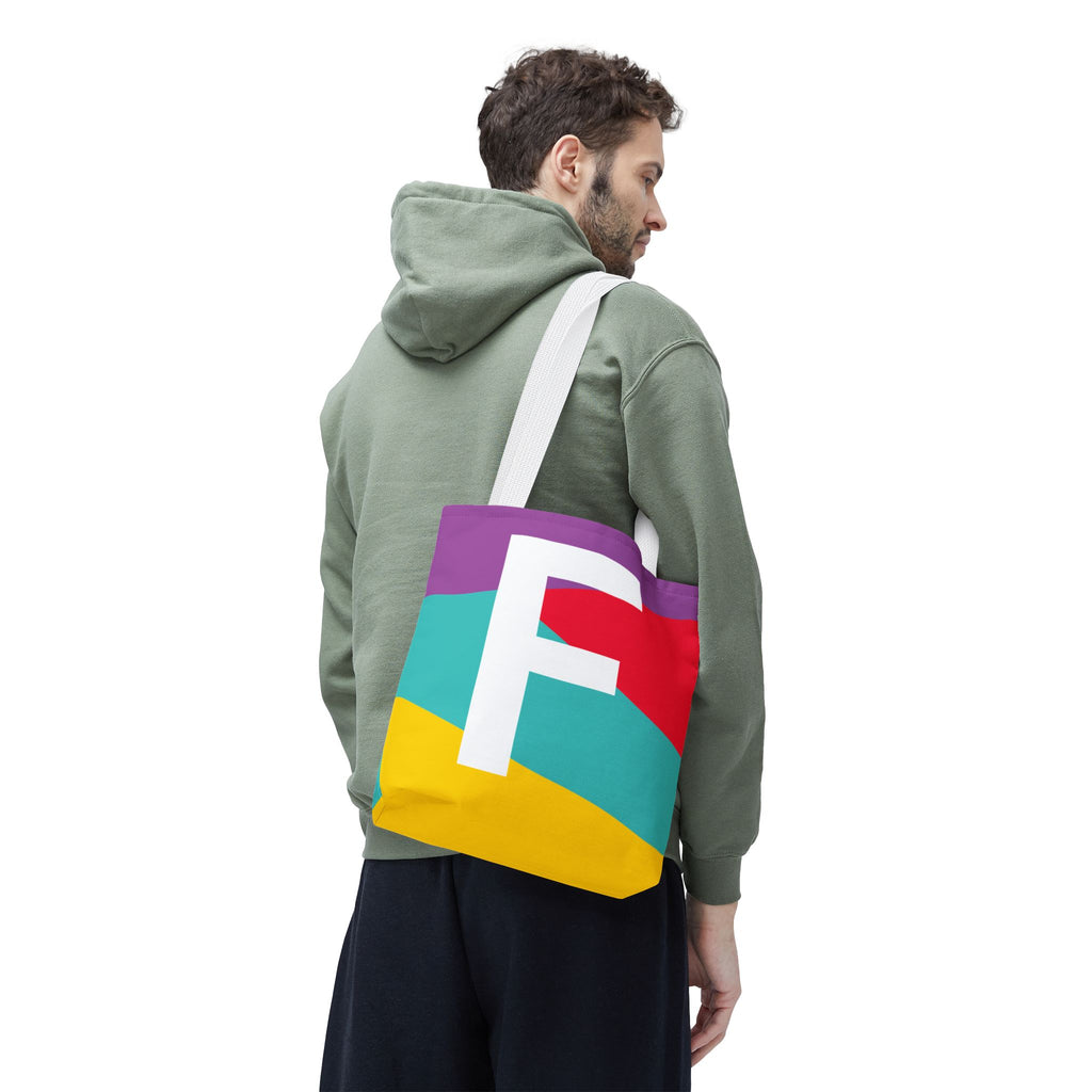 Monogram 'F' Colorblock Tote Bag — Personalized Initial F Shoulder Tote