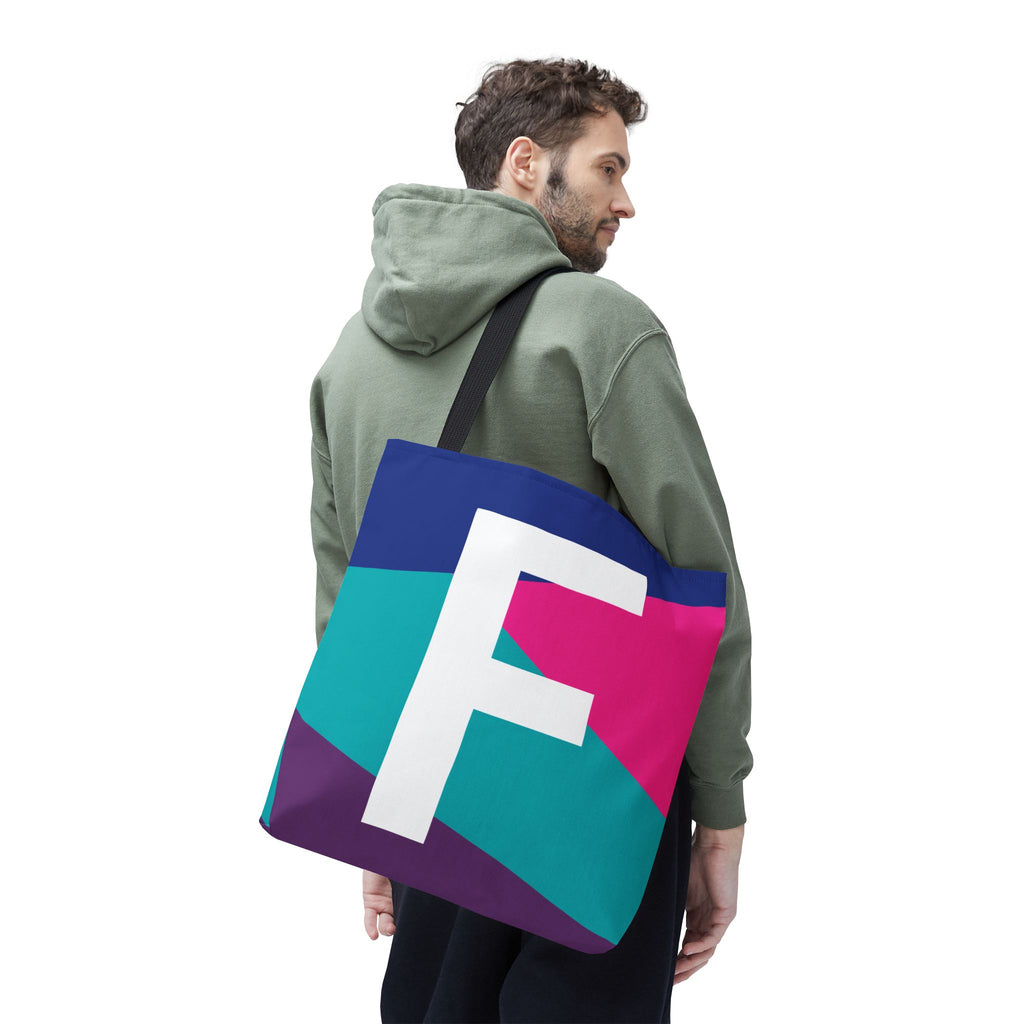 Monogram 'F' Colorblock Tote Bag — Personalized Initial F Shoulder Tote