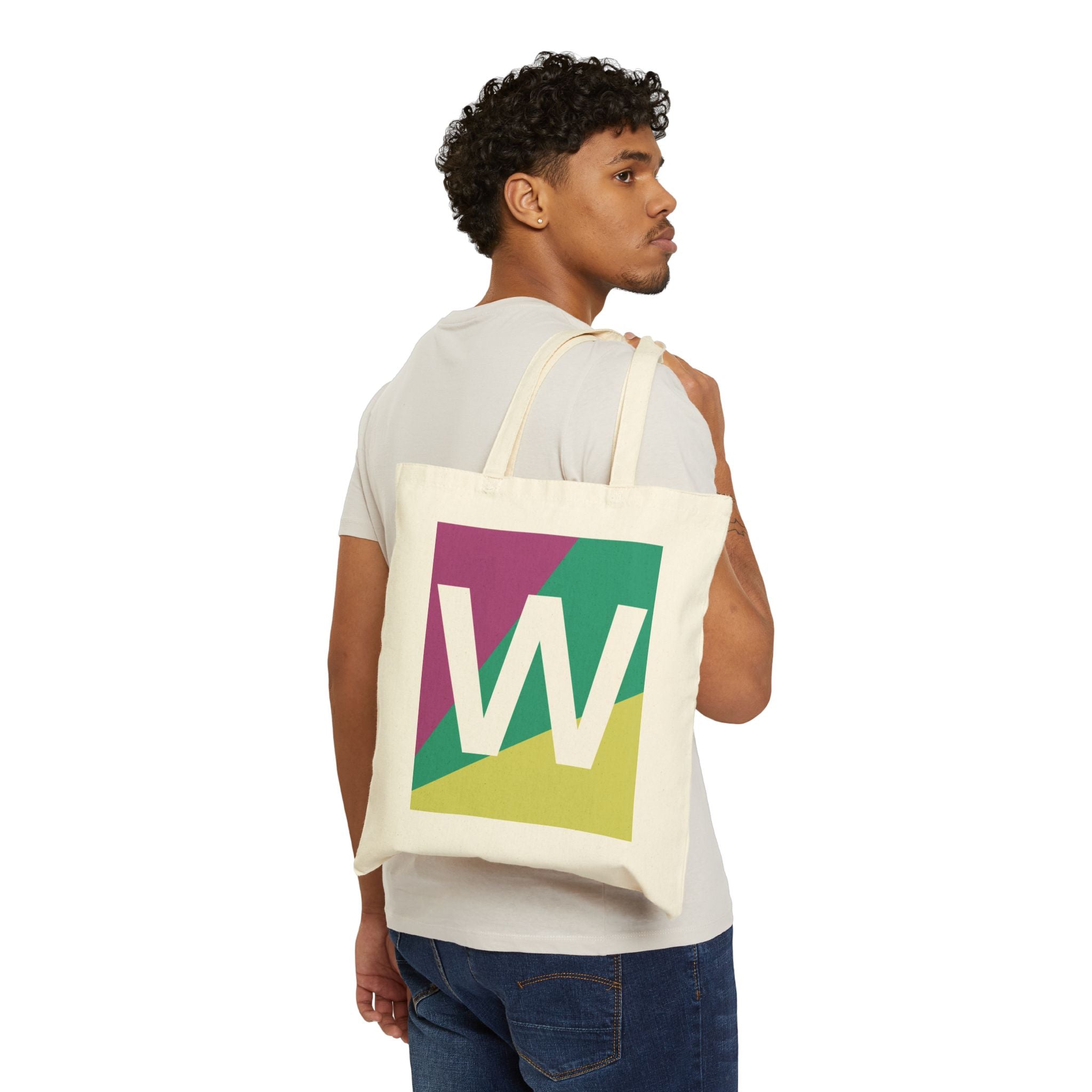 Initial W Colorblock Canvas Tote Bag — Monogram Letter W Reusable Grocery Tote