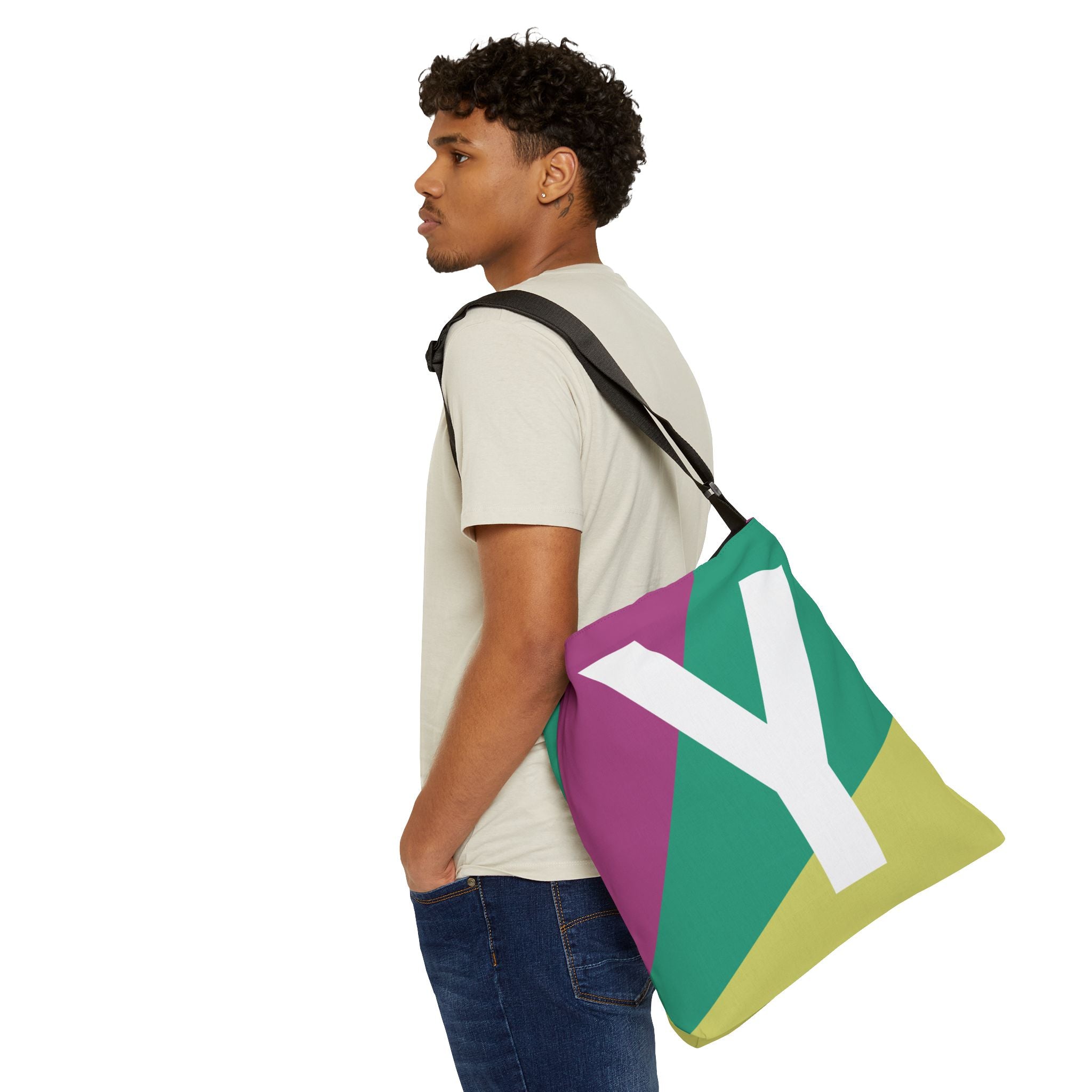 Initial Letter 'Y' Colorblock Adjustable Tote Bag — Monogram Alphabet Shoulder Bag