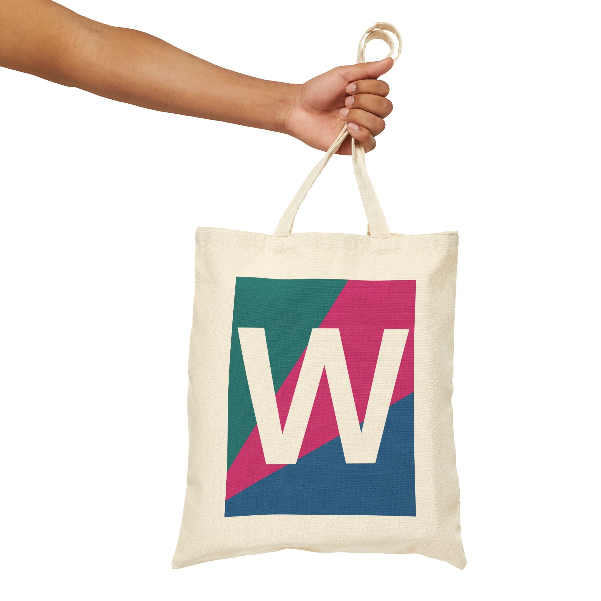 Initial W Colorblock Canvas Tote Bag — Monogram Letter W Reusable Grocery Tote