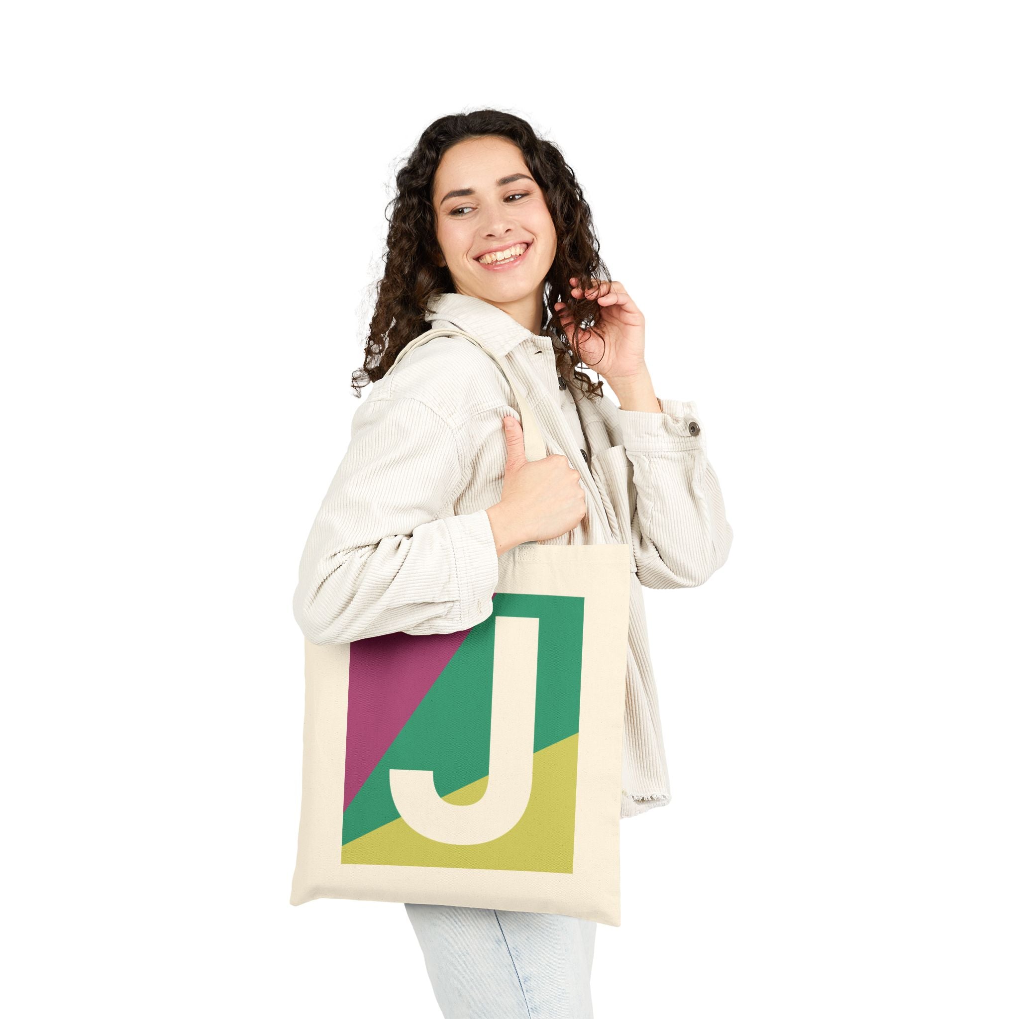 Initial J Colorblock Canvas Tote Bag — Monogram Letter J Reusable Grocery Tote