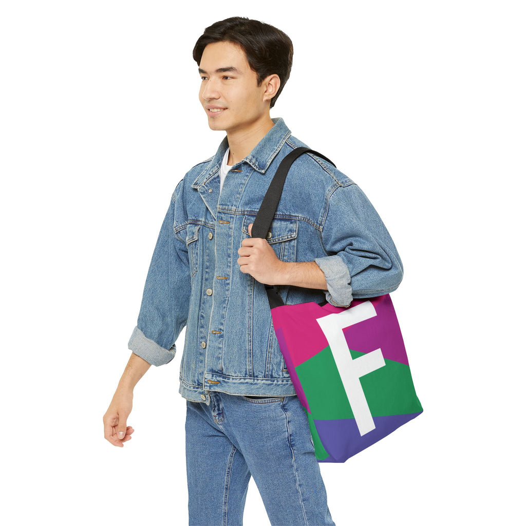 Initial Letter 'F' Colorblock Adjustable Tote Bag — Monogram Alphabet Shoulder Bag