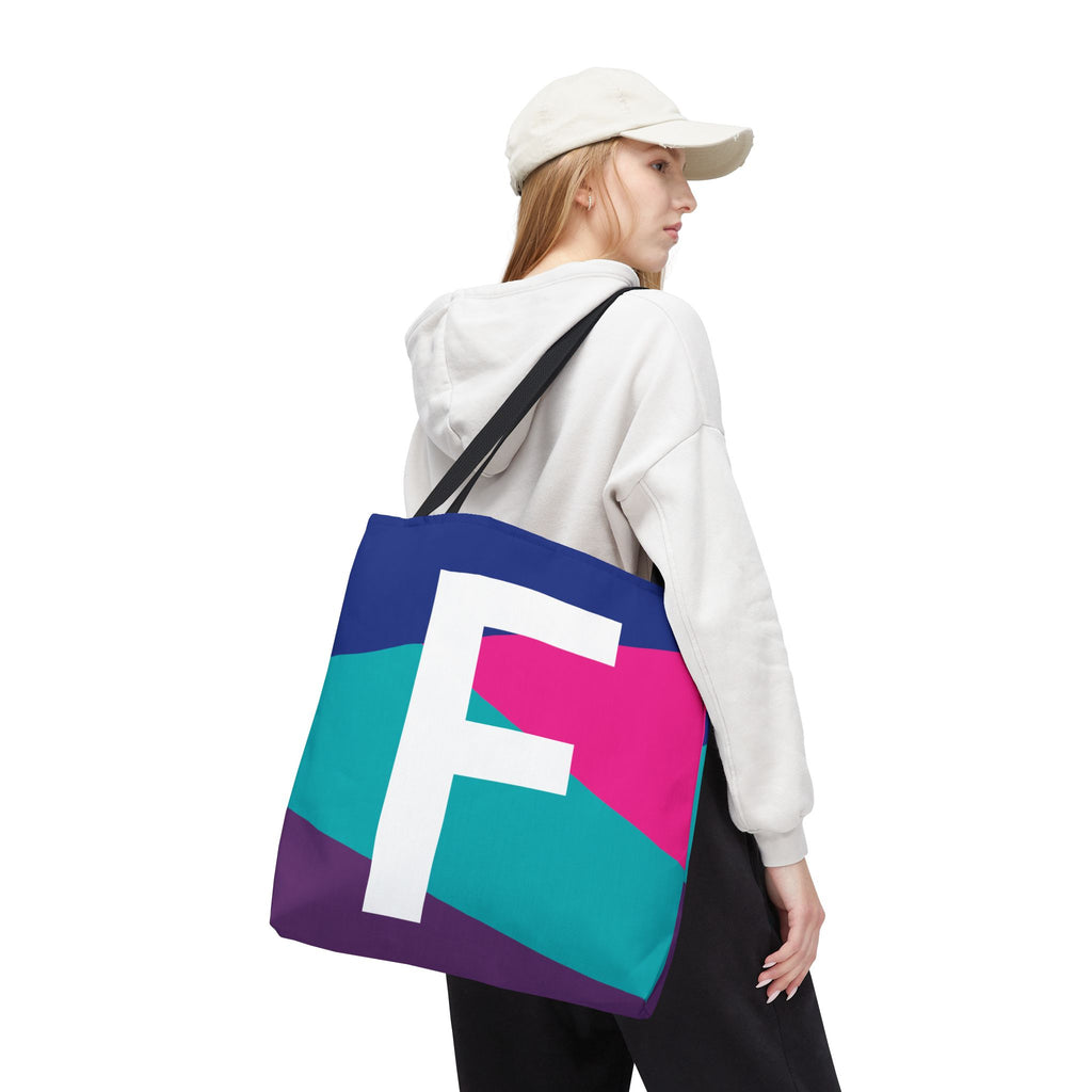 Monogram 'F' Colorblock Tote Bag — Personalized Initial F Shoulder Tote