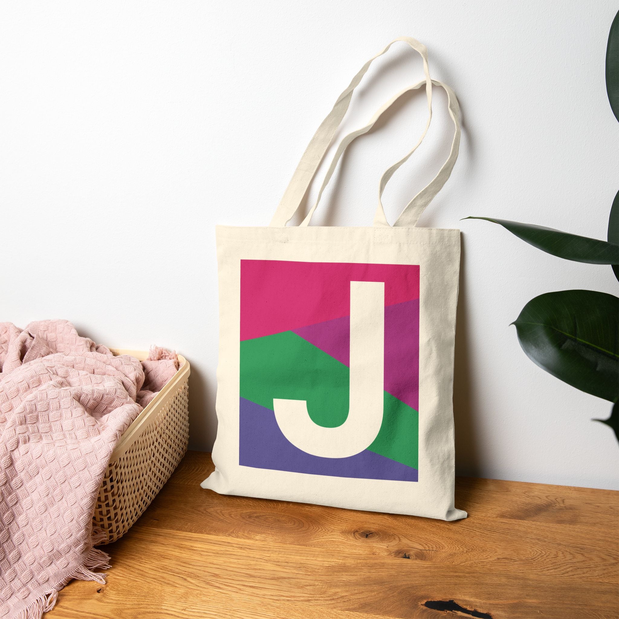 Initial J Colorblock Canvas Tote Bag — Monogram Letter J Reusable Grocery Tote