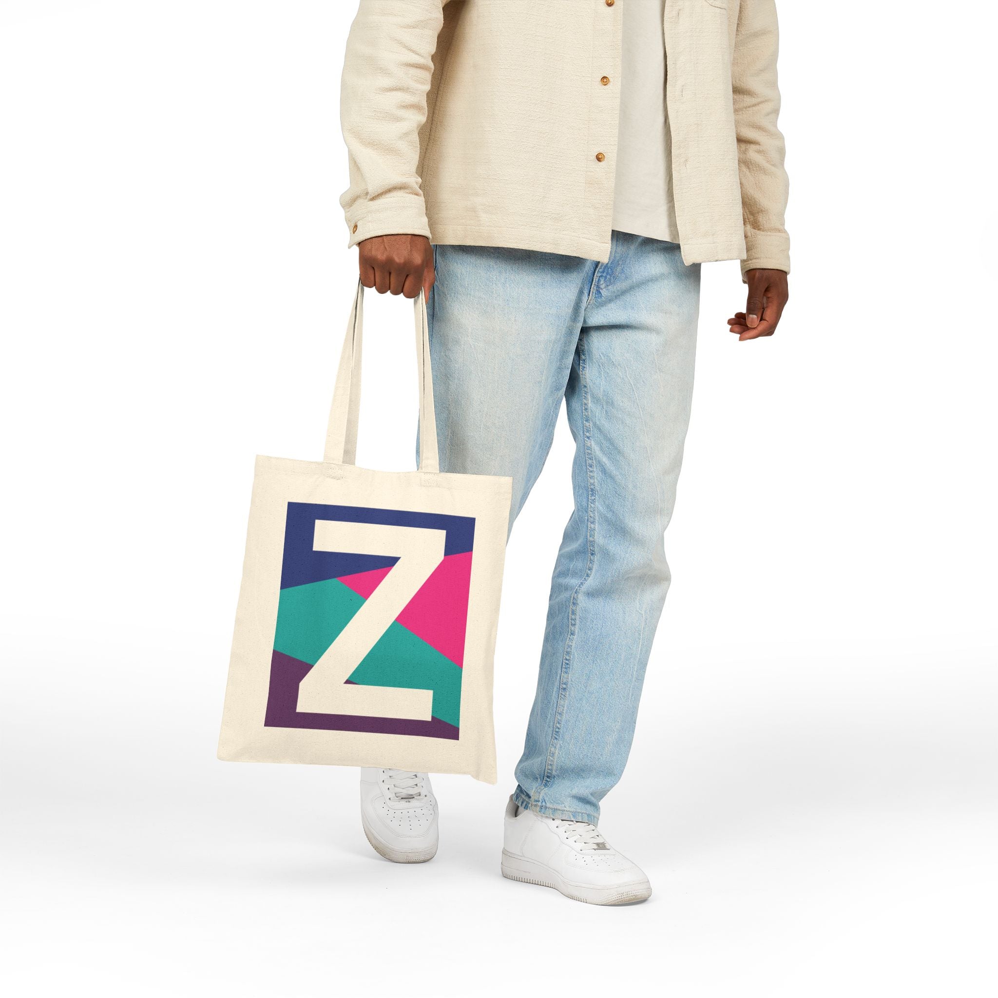 Initial Z Colorblock Canvas Tote Bag — Monogram Letter Z Reusable Grocery Tote