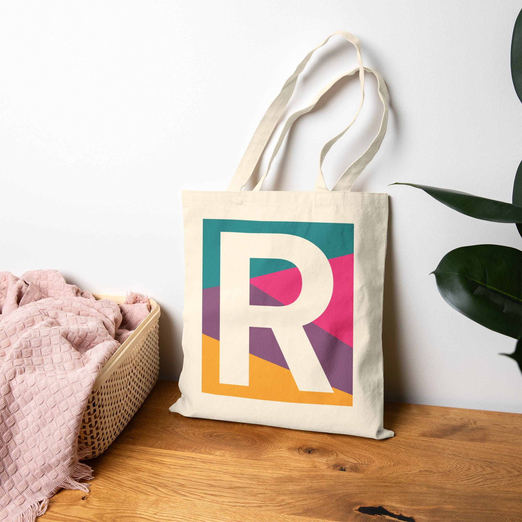 Initial R Colorblock Canvas Tote Bag — Monogram Letter R Reusable Grocery Tote