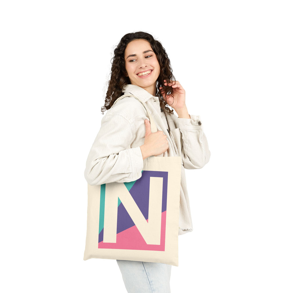 Initial N Colorblock Canvas Tote Bag — Monogram Letter N Reusable Grocery Tote