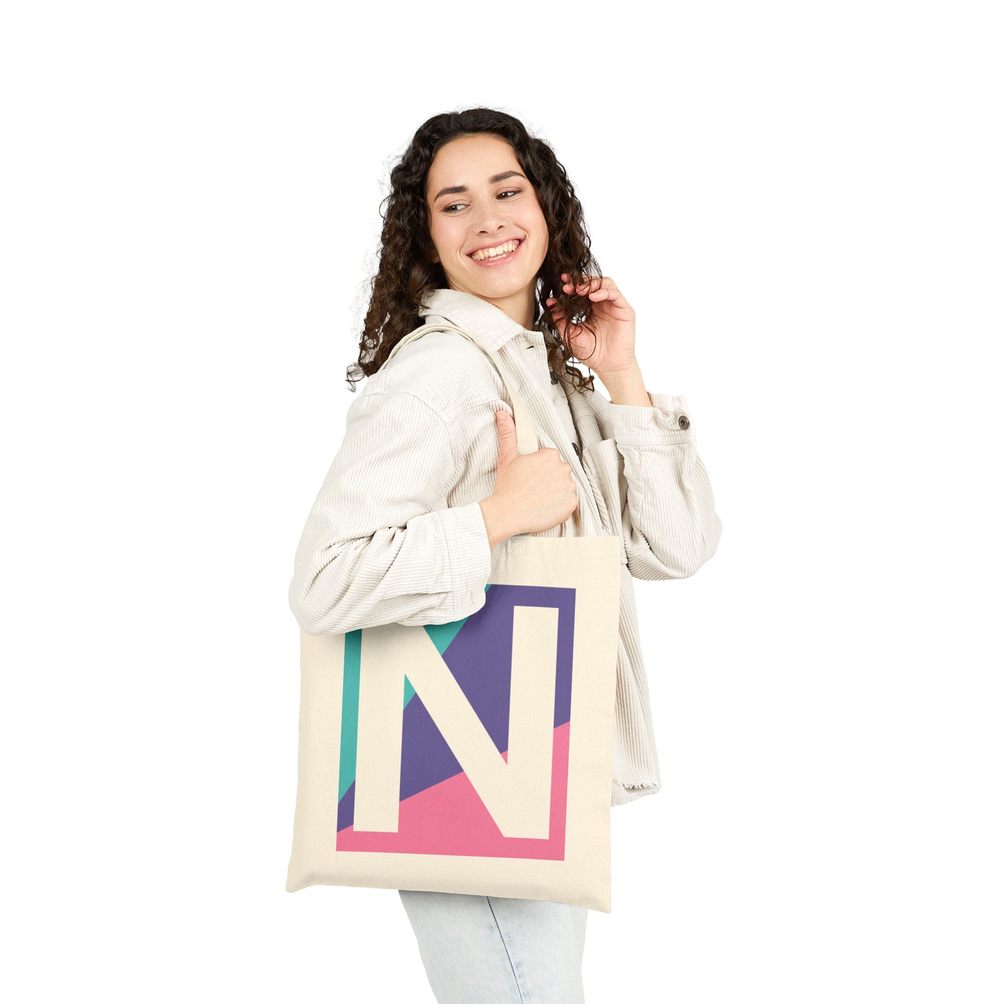 Initial N Colorblock Canvas Tote Bag — Monogram Letter N Reusable Grocery Tote
