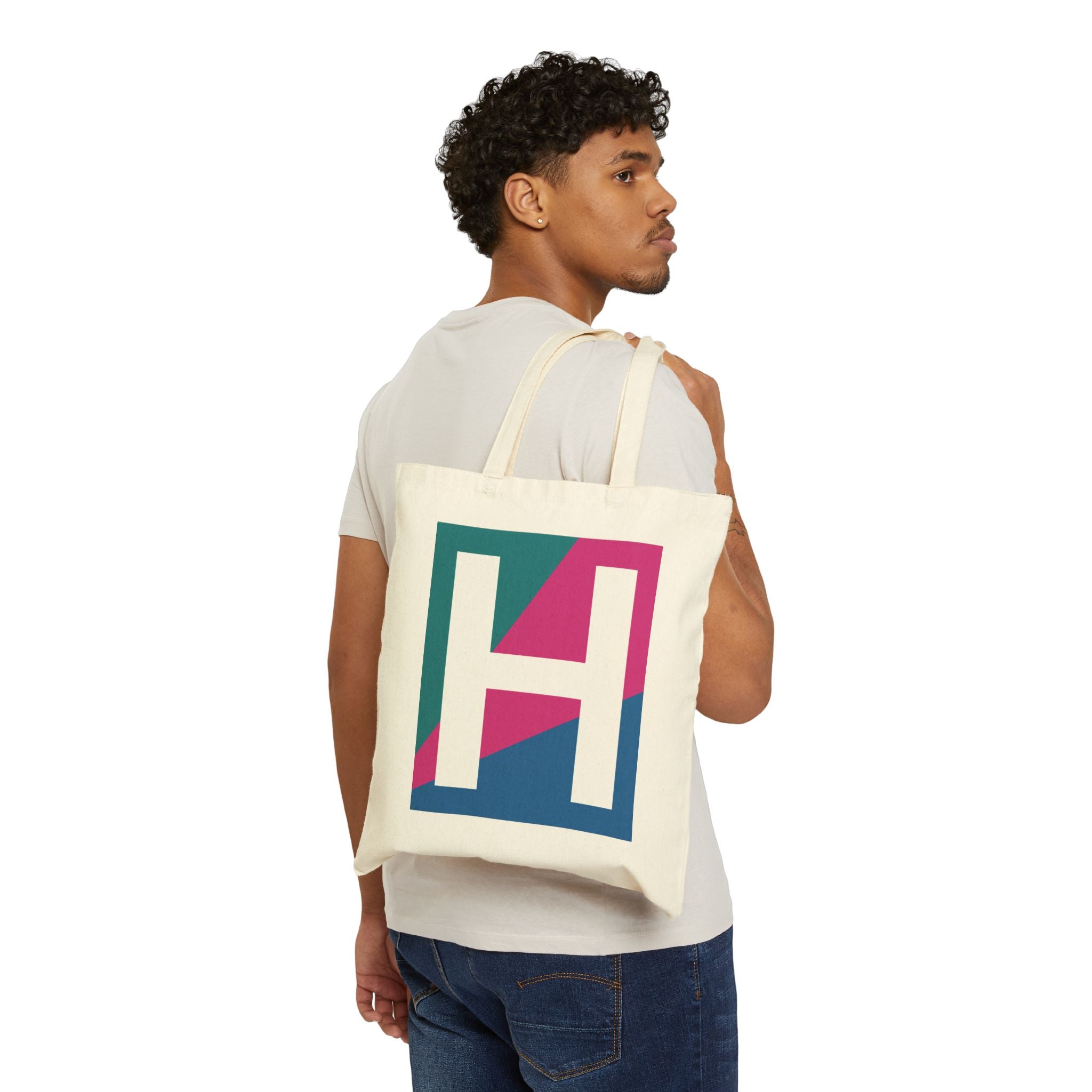 Initial H Colorblock Canvas Tote Bag — Monogram Letter H Reusable Grocery Tote