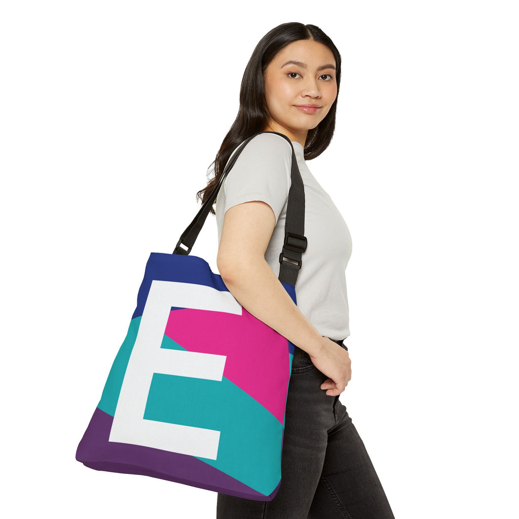 Initial Letter 'E' Colorblock Adjustable Tote Bag — Monogram Alphabet Shoulder Bag