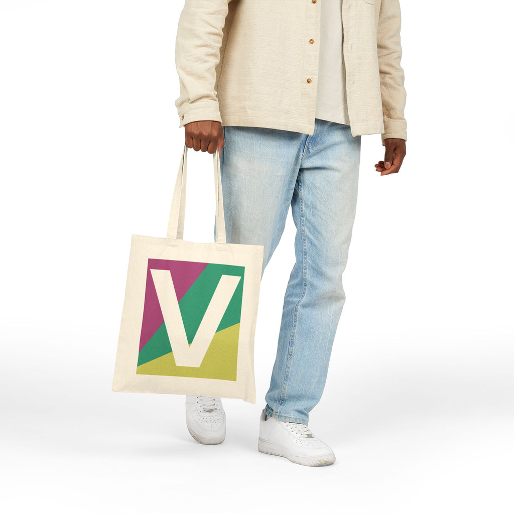 Initial V Colorblock Canvas Tote Bag — Monogram Letter V Reusable Grocery Tote