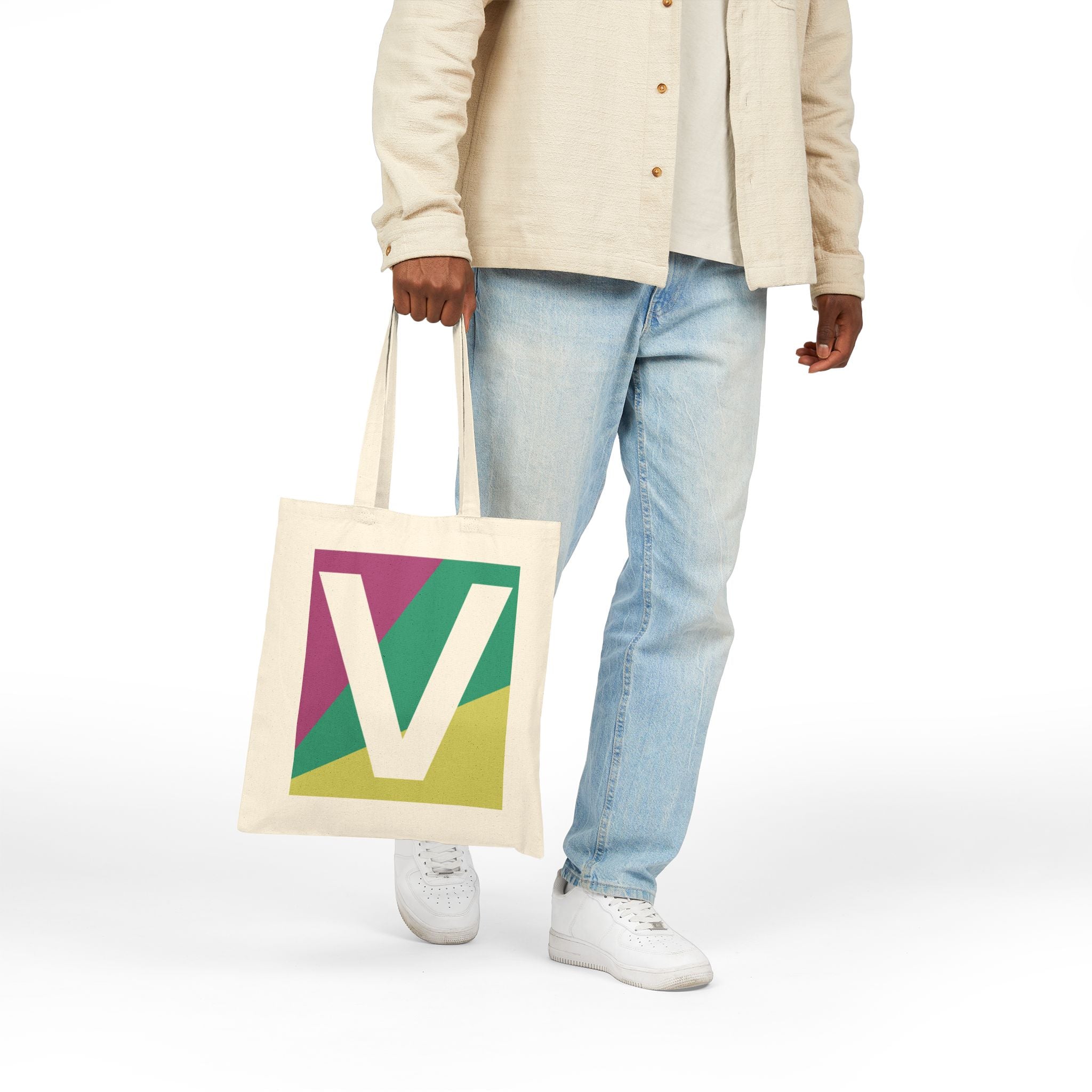 Initial V Colorblock Canvas Tote Bag — Monogram Letter V Reusable Grocery Tote