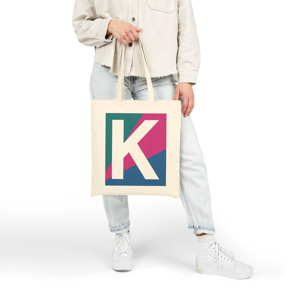 Initial K Colorblock Canvas Tote Bag — Monogram Letter K Reusable Grocery Tote