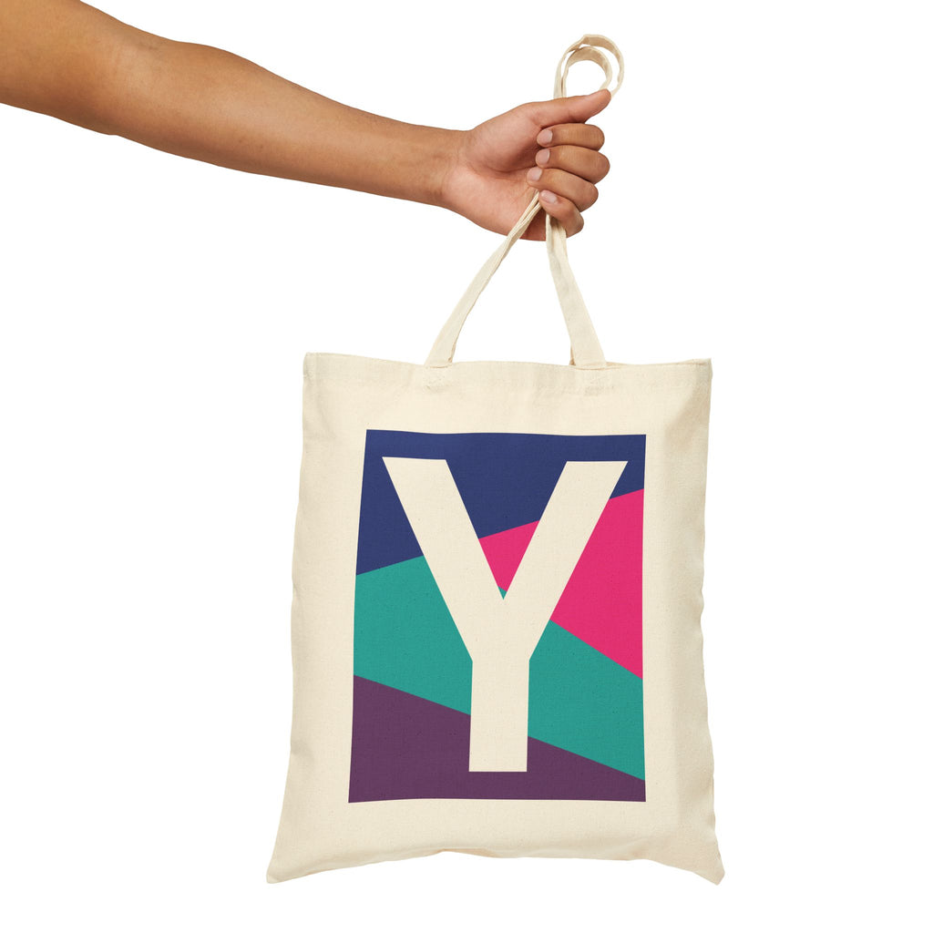 Initial Y Colorblock Canvas Tote Bag — Monogram Letter Y Reusable Grocery Tote