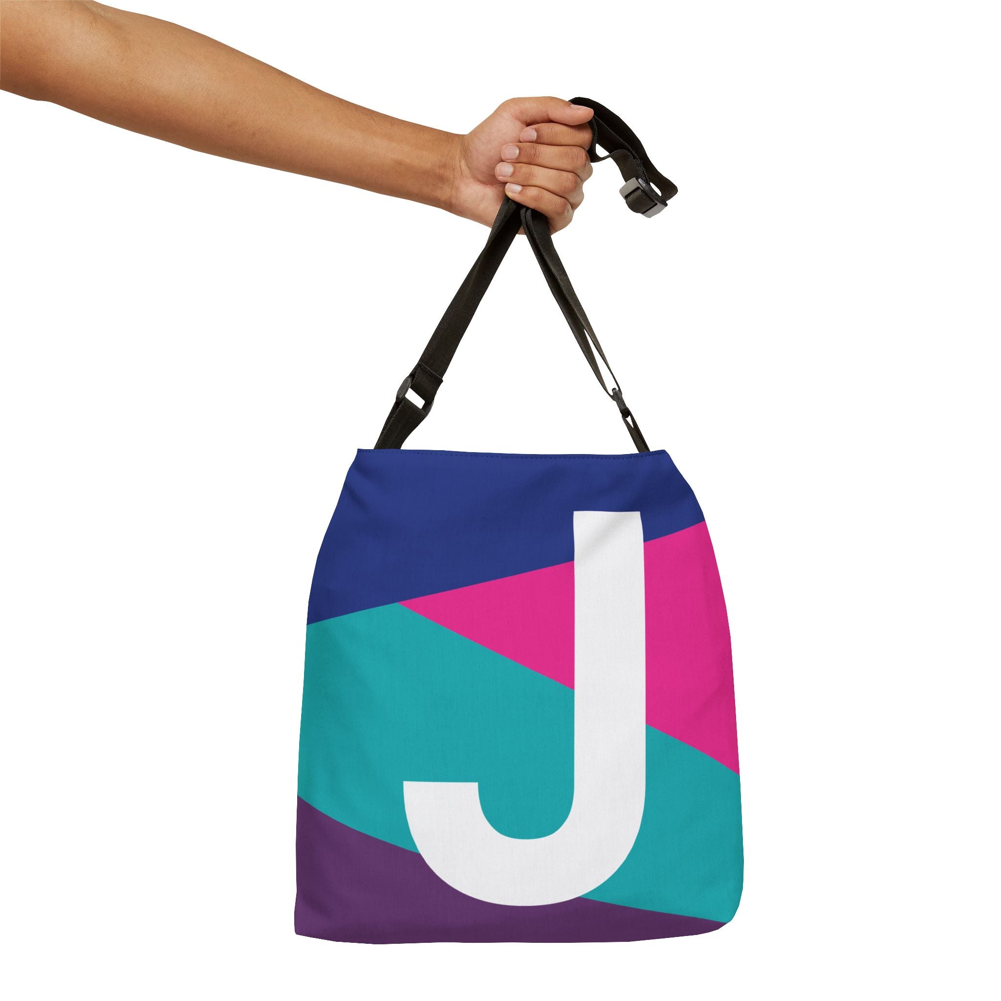 Initial Letter 'J' Colorblock Adjustable Tote Bag — Monogram Alphabet Shoulder Bag