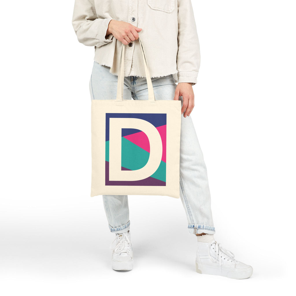 Initial D Colorblock Canvas Tote Bag — Monogram Letter D Reusable Grocery Tote