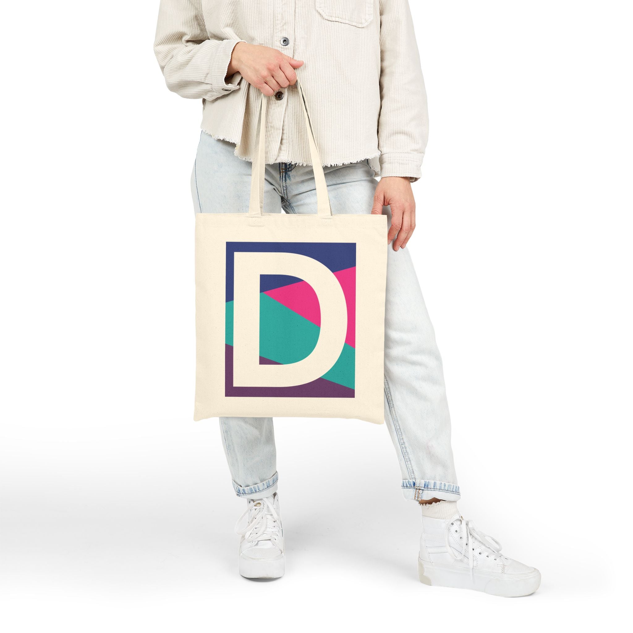 Initial D Colorblock Canvas Tote Bag — Monogram Letter D Reusable Grocery Tote