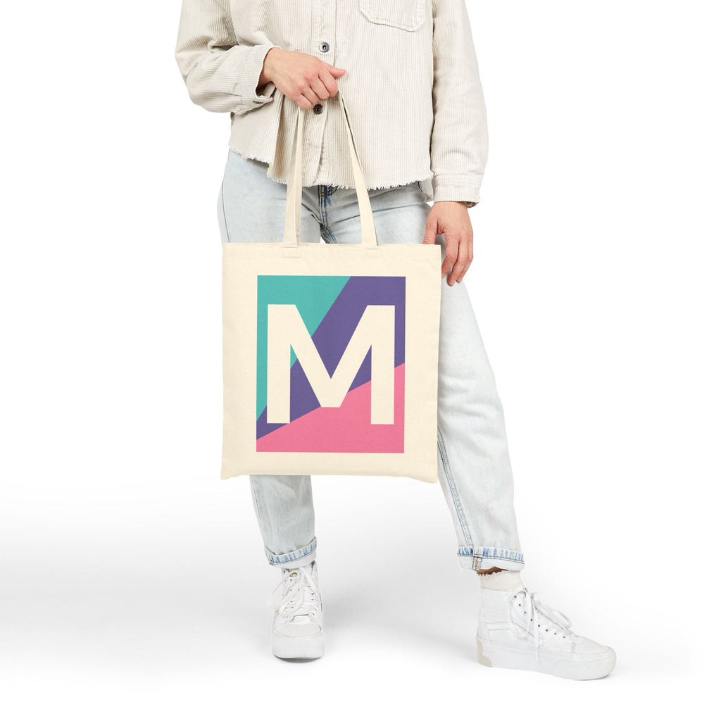 Initial M Colorblock Canvas Tote Bag — Monogram Letter M Reusable Grocery Tote