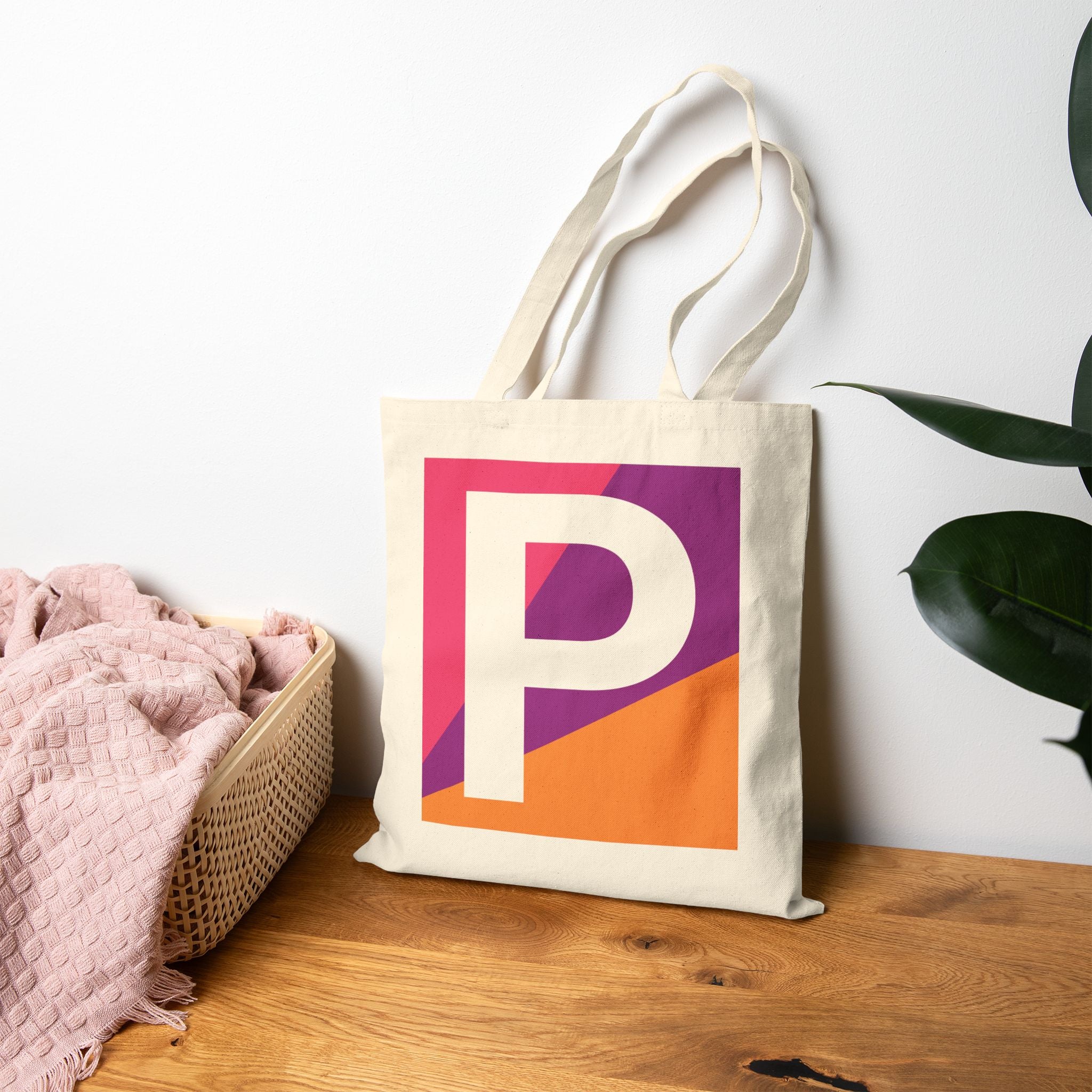 Initial P Colorblock Canvas Tote Bag — Monogram Letter P Reusable Grocery Tote