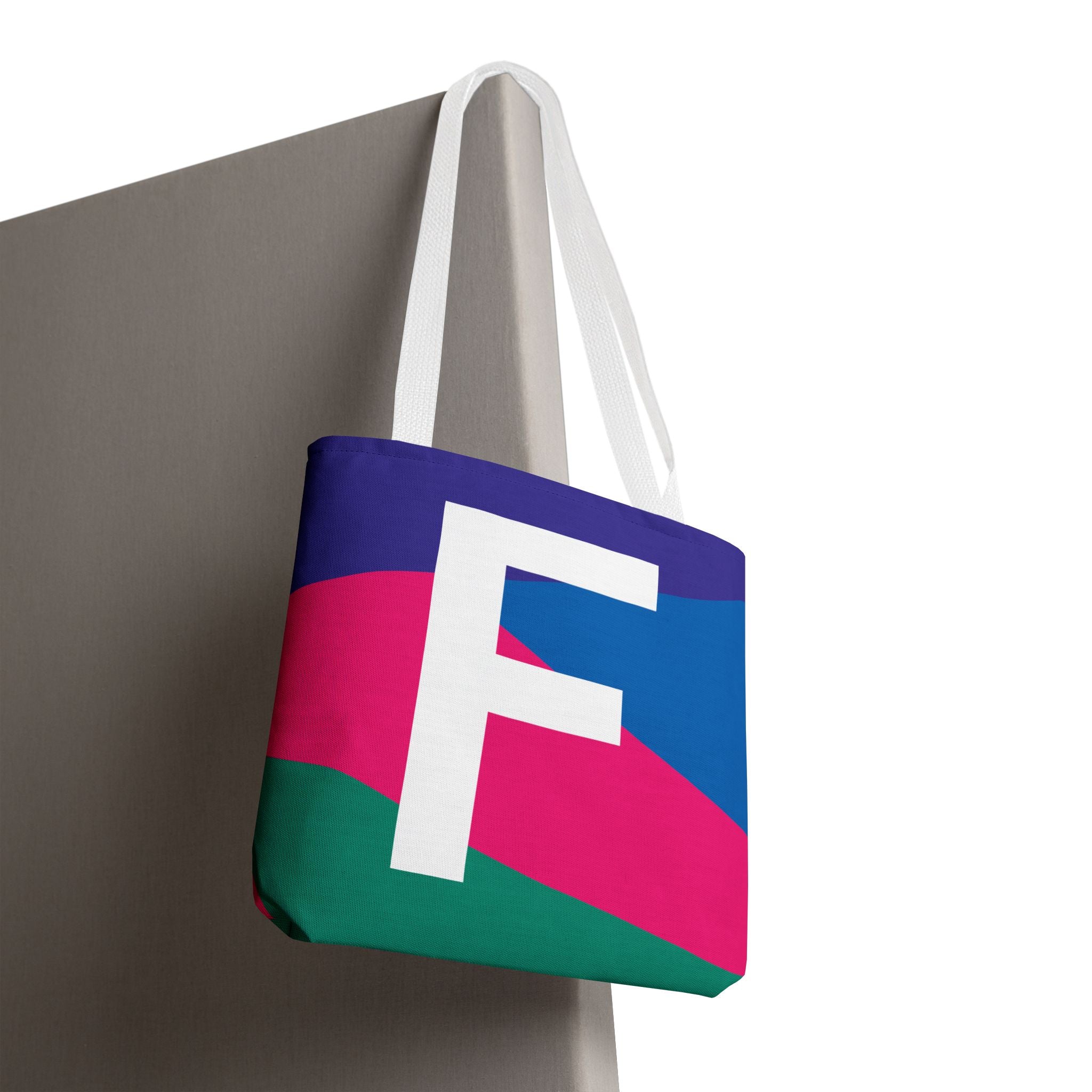 Monogram 'F' Colorblock Tote Bag — Personalized Initial F Shoulder Tote
