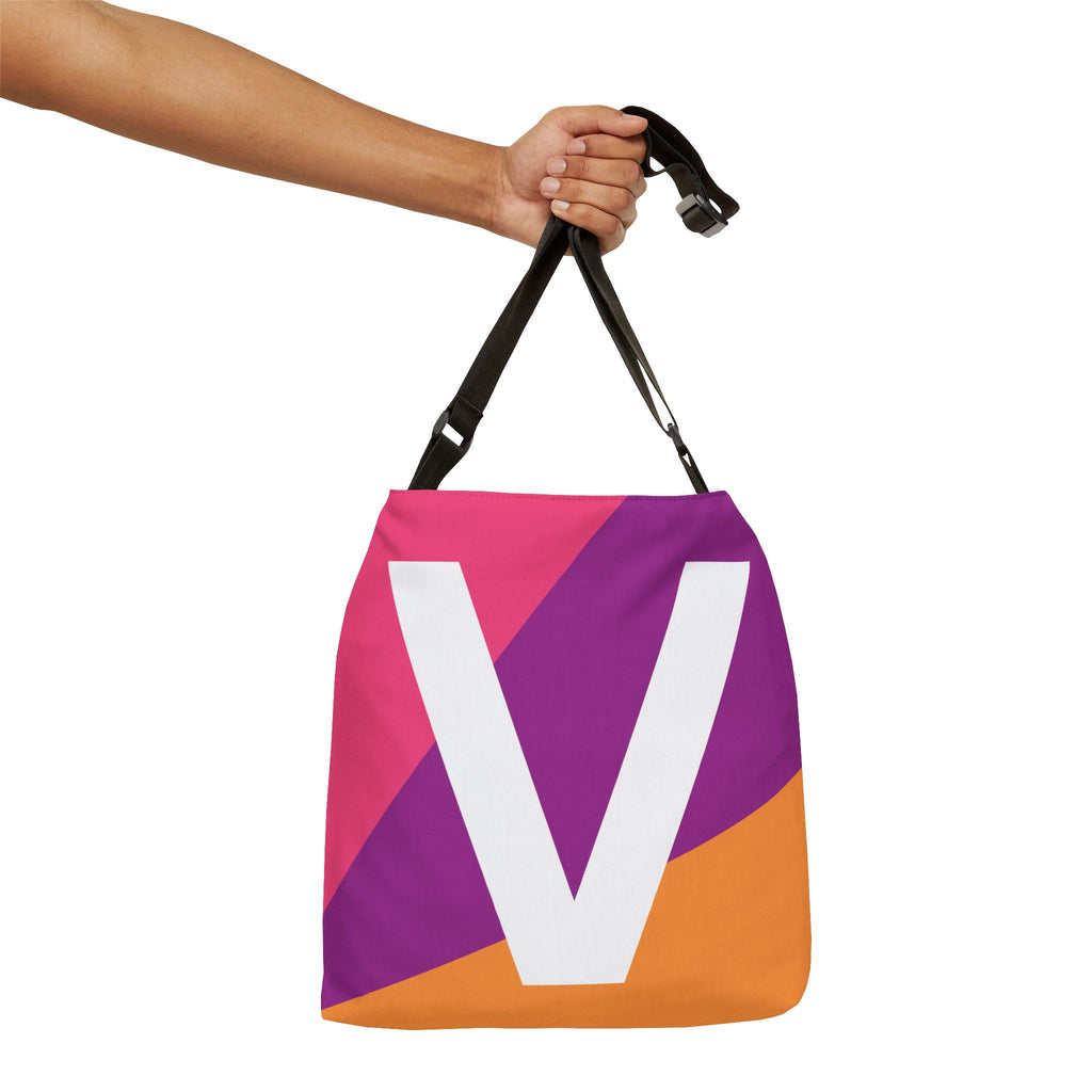 Initial Letter 'V' Colorblock Adjustable Tote Bag — Monogram Alphabet Shoulder Bag