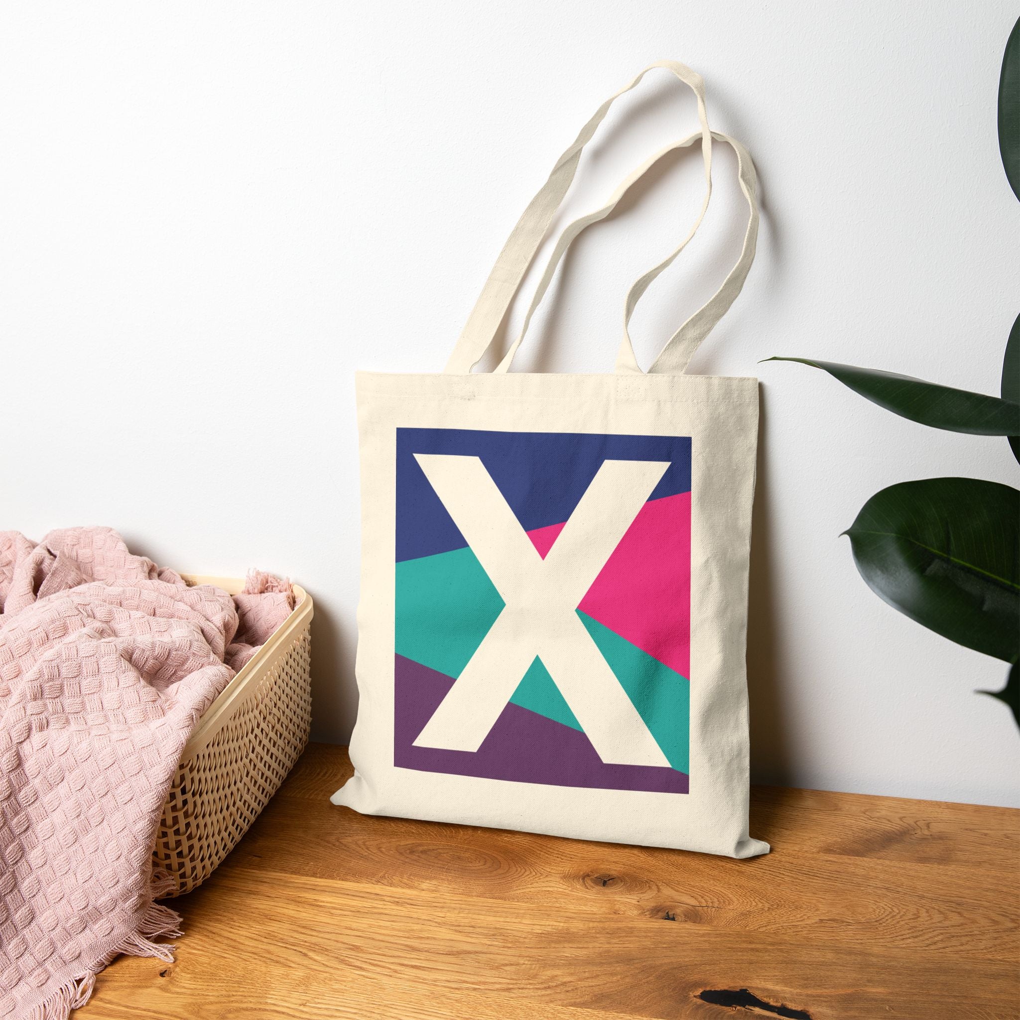 Initial X Colorblock Canvas Tote Bag — Monogram Letter X Reusable Grocery Tote