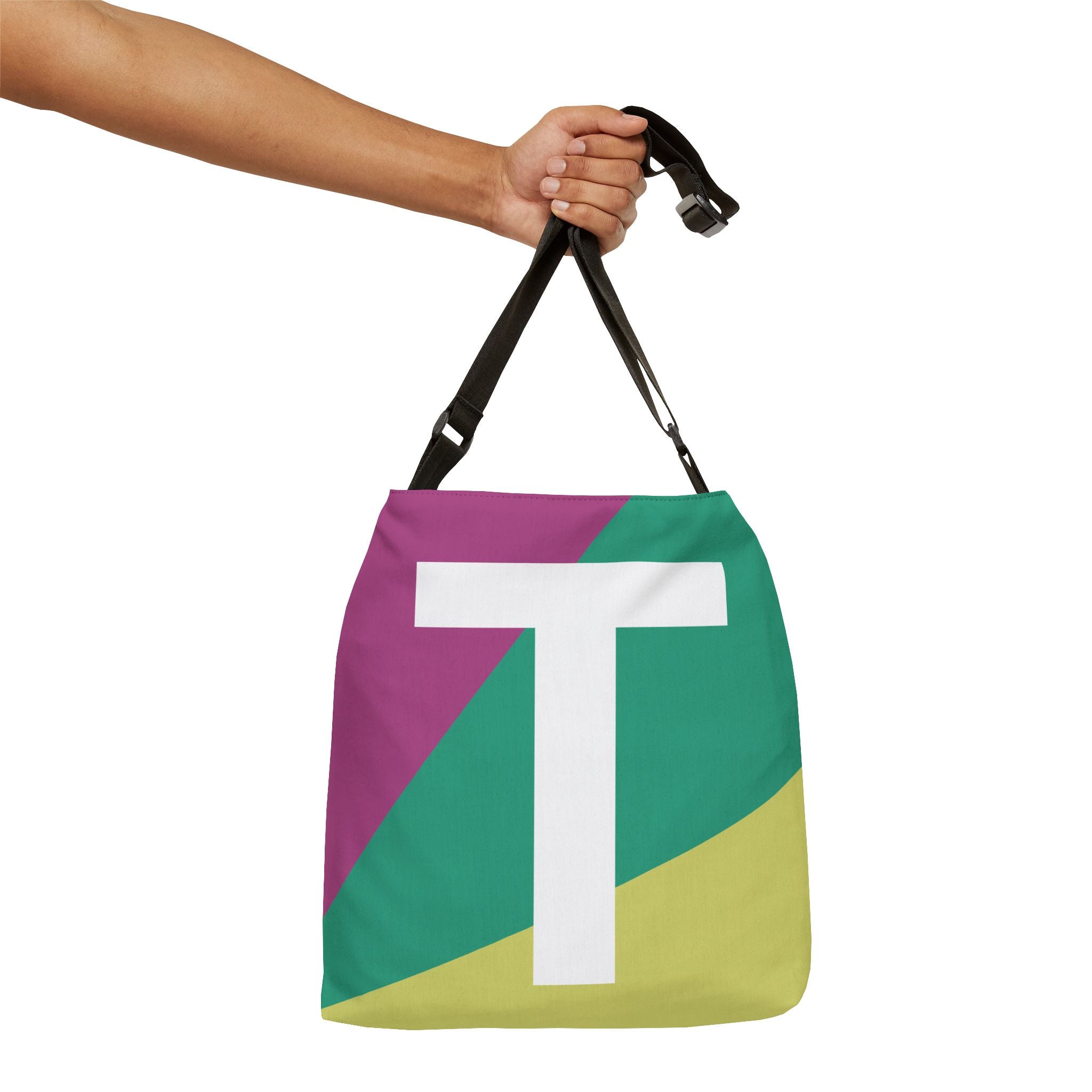 Initial Letter 'T' Colorblock Adjustable Tote Bag — Monogram Alphabet Shoulder Bag