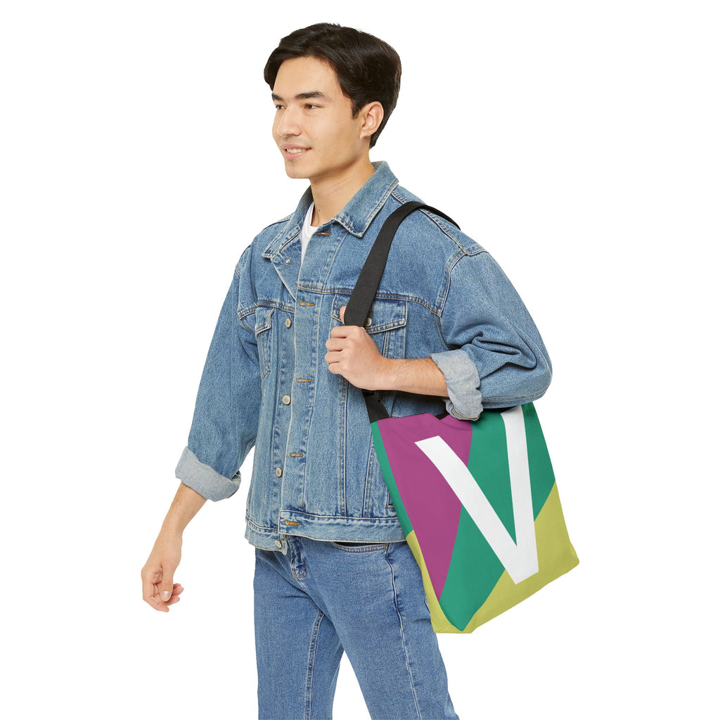 Initial Letter 'V' Colorblock Adjustable Tote Bag — Monogram Alphabet Shoulder Bag