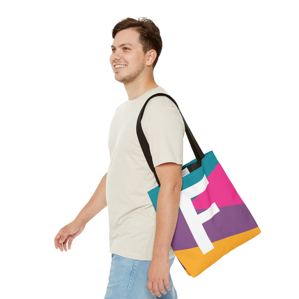 Monogram 'F' Colorblock Tote Bag — Personalized Initial F Shoulder Tote