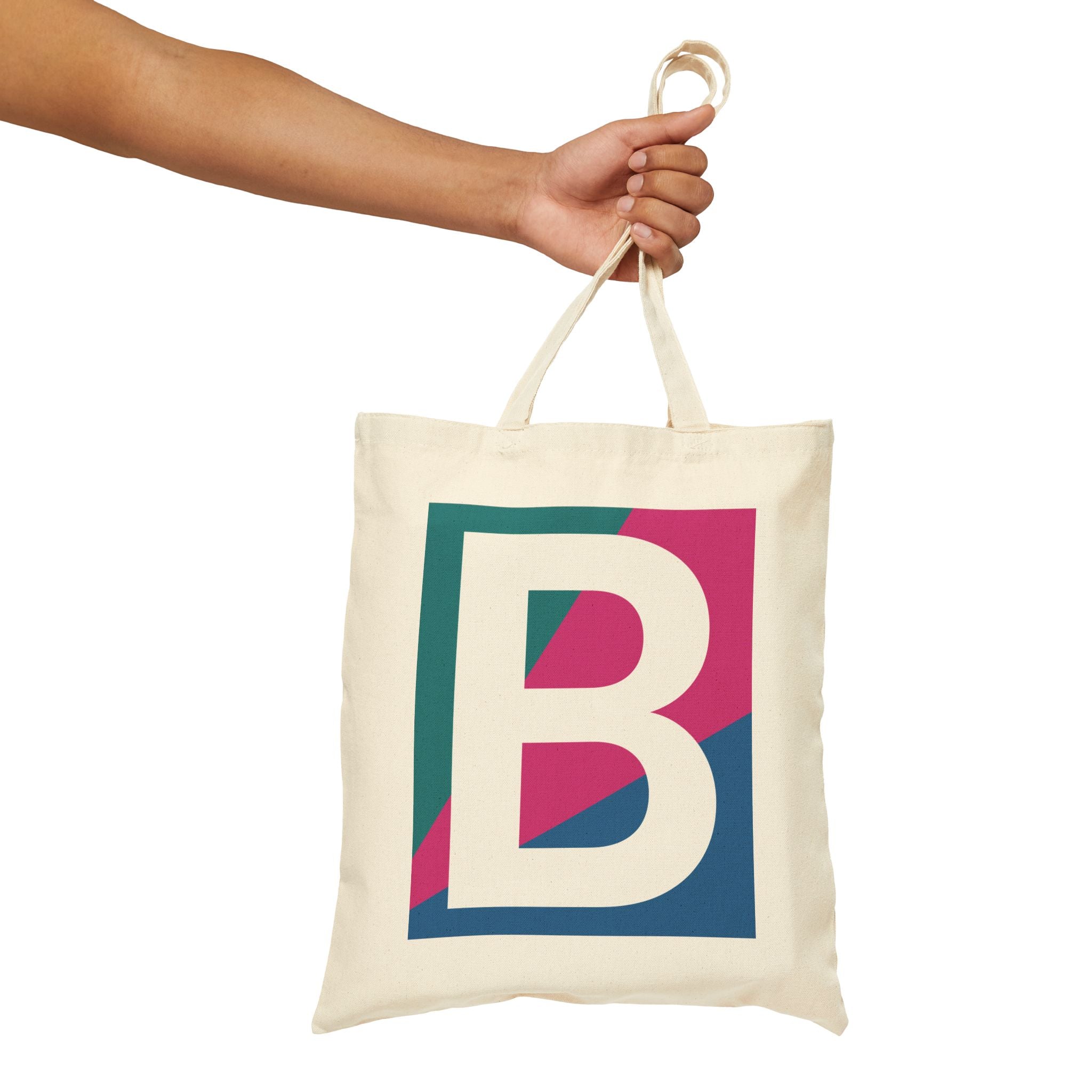 Initial B Colorblock Canvas Tote Bag — Monogram Letter B Reusable Grocery Tote