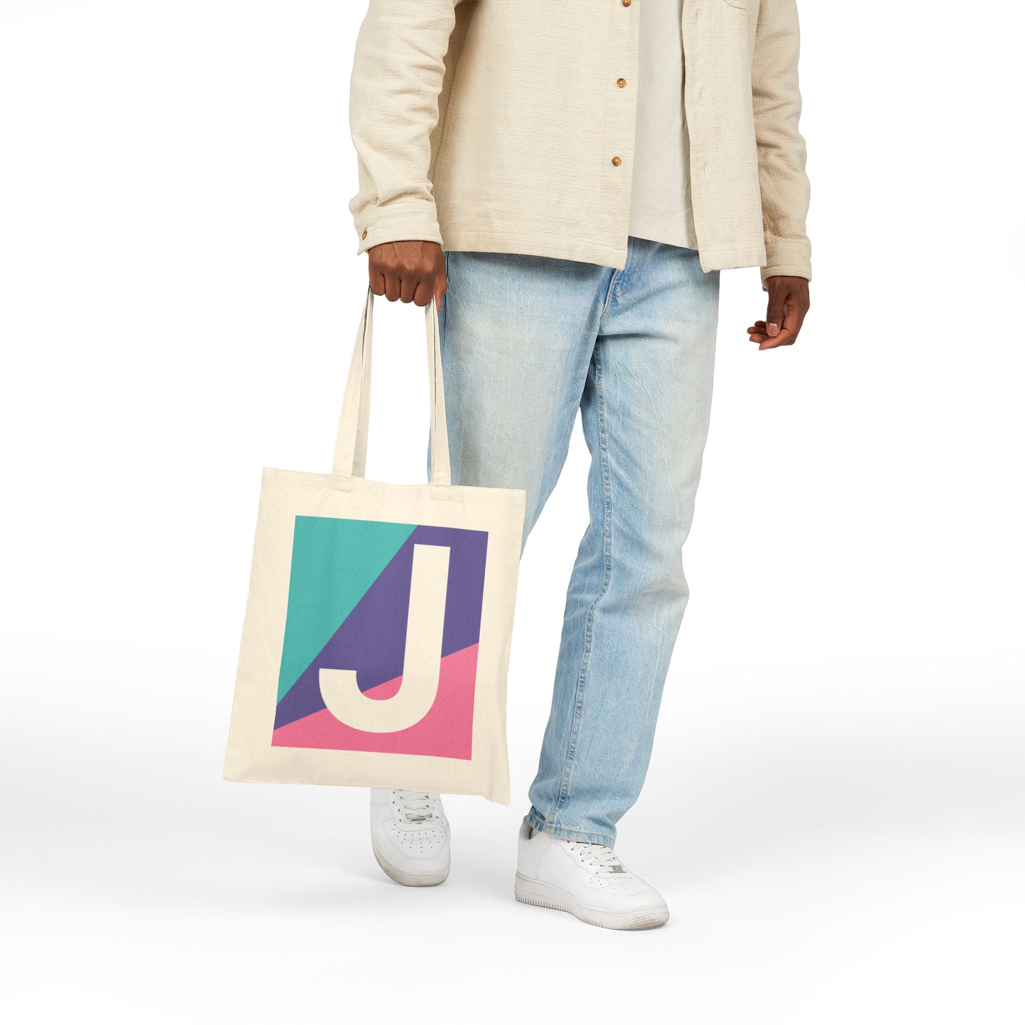 Initial J Colorblock Canvas Tote Bag — Monogram Letter J Reusable Grocery Tote