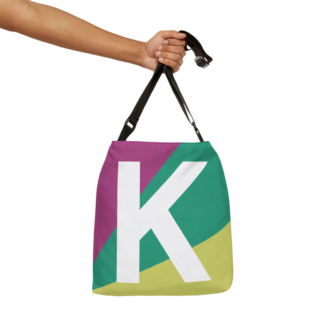 Initial Letter 'K' Colorblock Adjustable Tote Bag — Monogram Alphabet Shoulder Bag