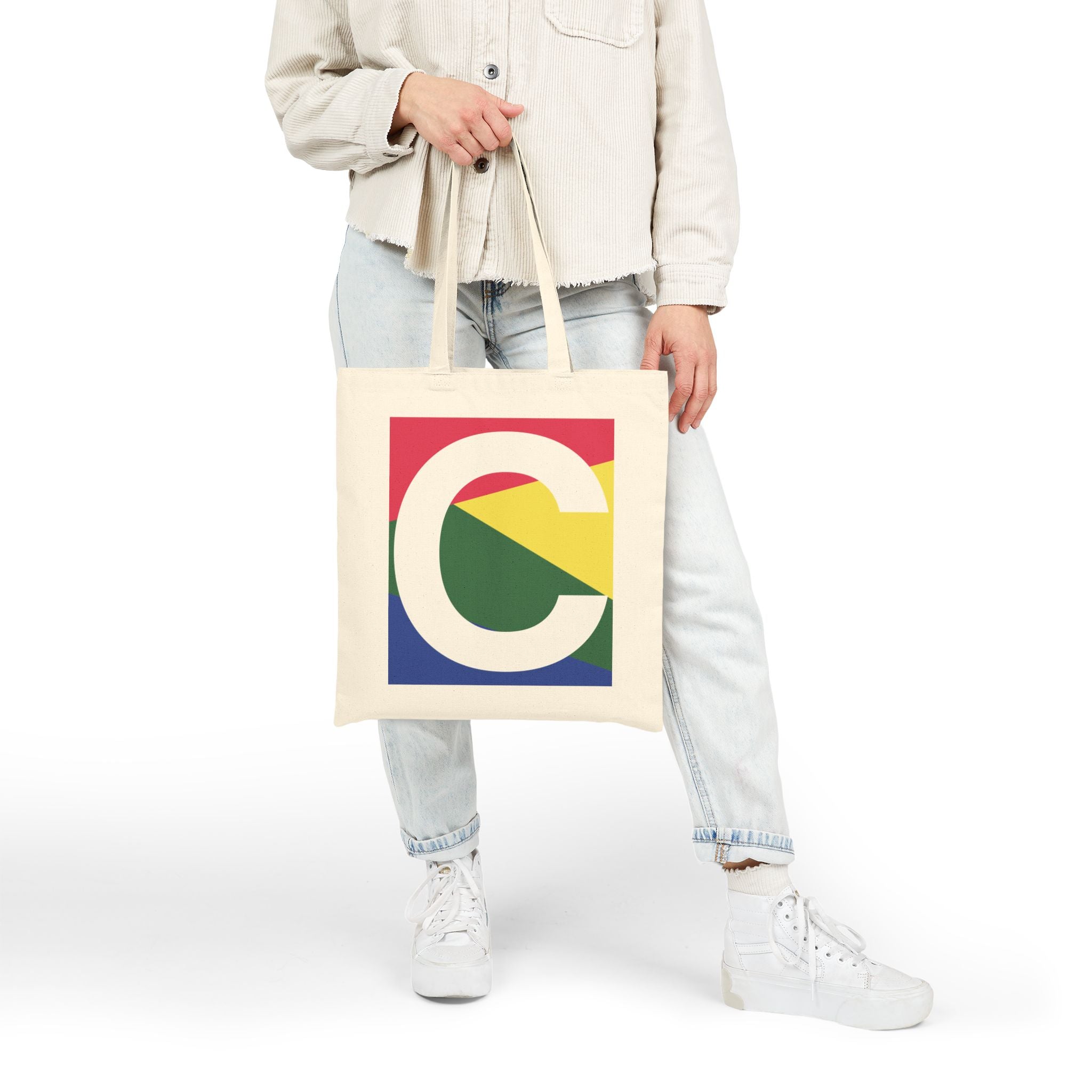 Initial C Colorblock Canvas Tote Bag — Monogram Letter C Reusable Grocery Tote