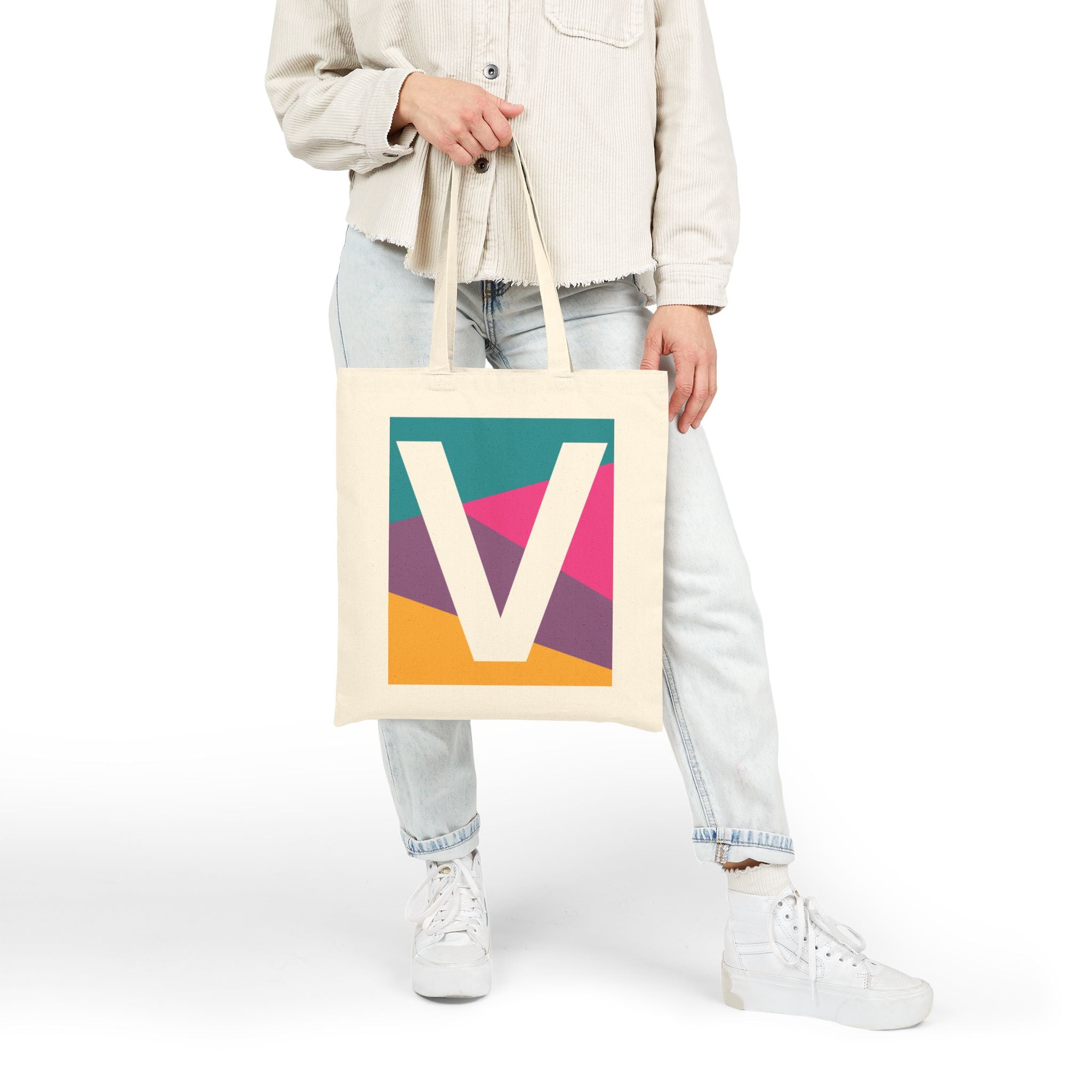 Initial V Colorblock Canvas Tote Bag — Monogram Letter V Reusable Grocery Tote