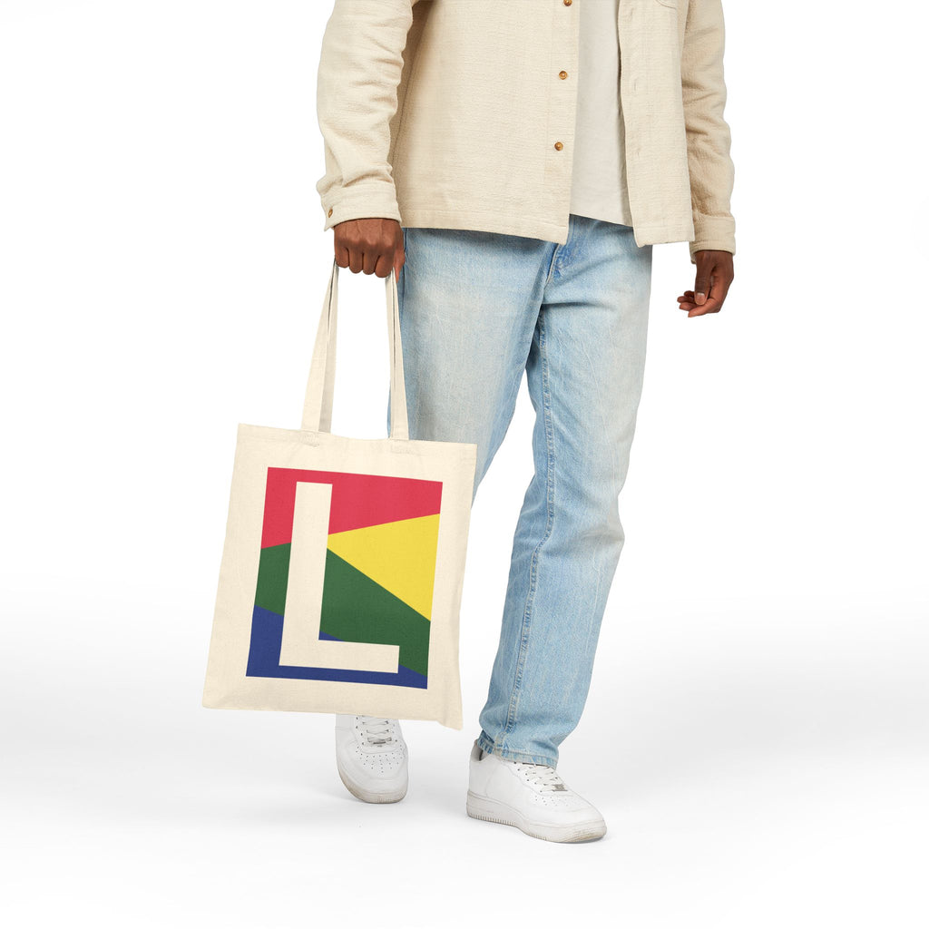 Initial L Colorblock Canvas Tote Bag — Monogram Letter L Reusable Grocery Tote
