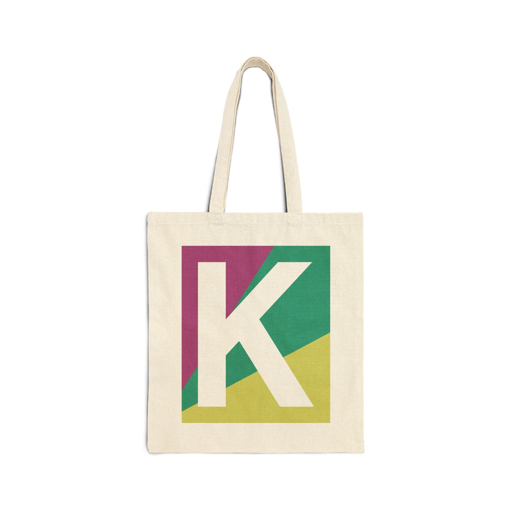 Initial K Colorblock Canvas Tote Bag — Monogram Letter K Reusable Grocery Tote