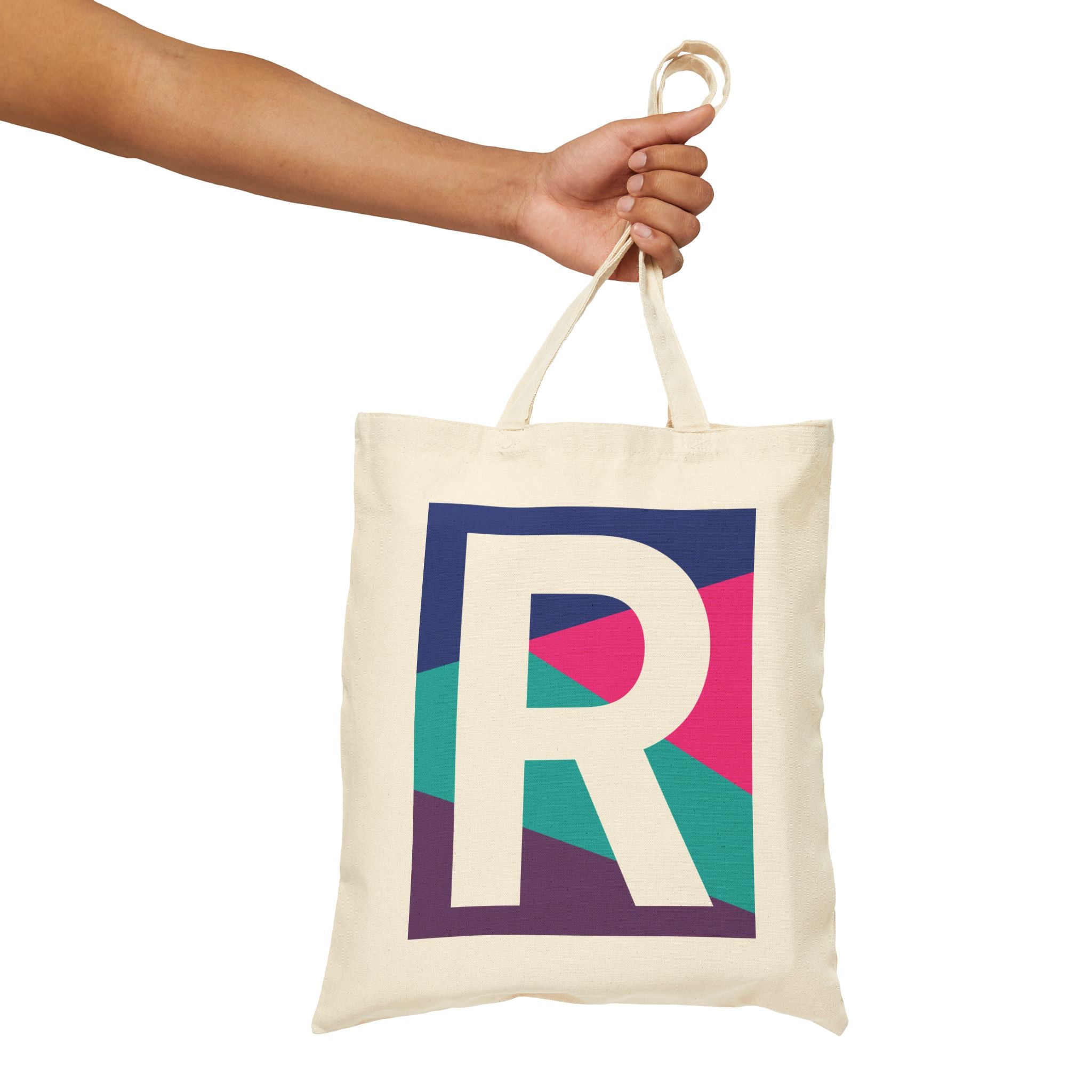 Initial R Colorblock Canvas Tote Bag — Monogram Letter R Reusable Grocery Tote