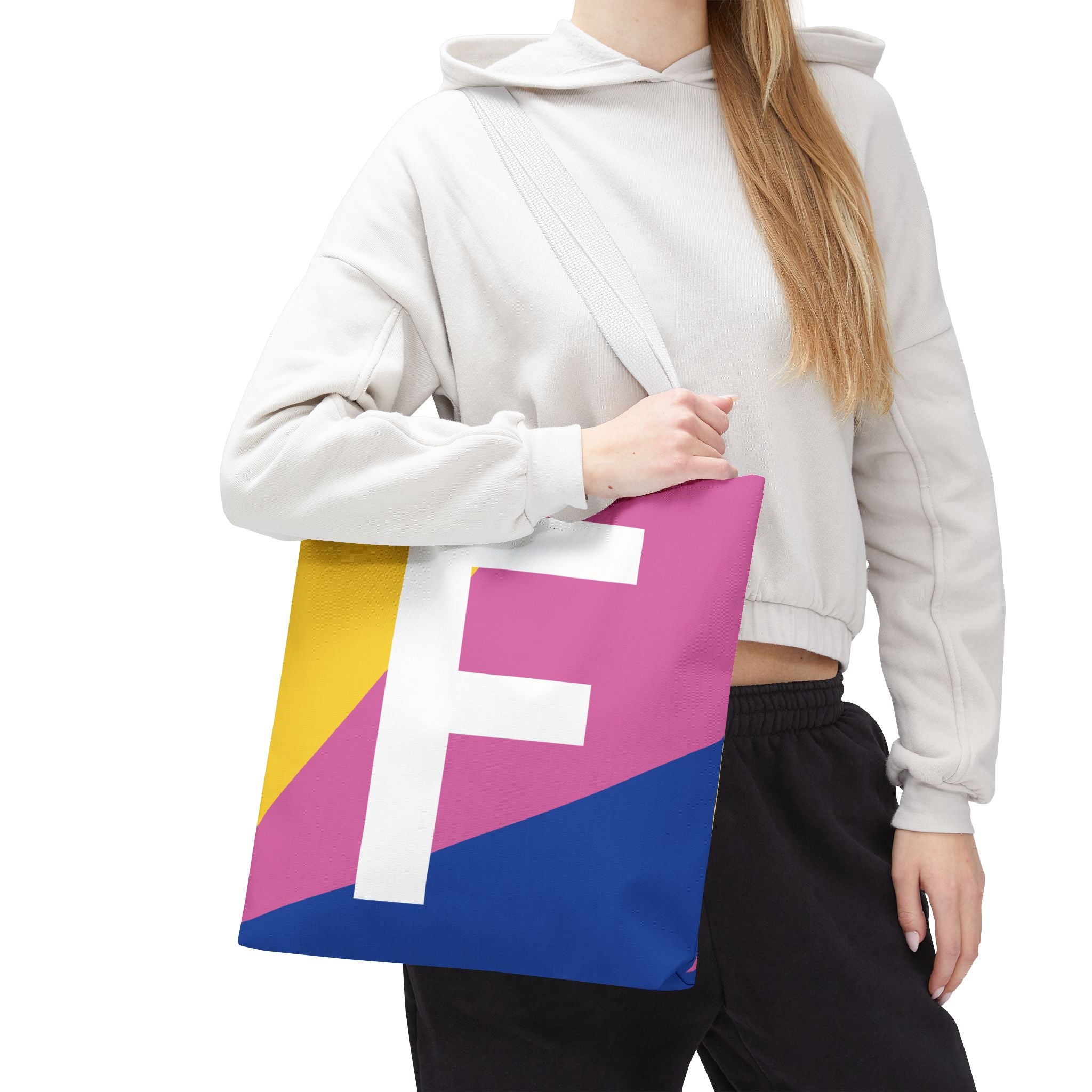 Monogram 'F' Colorblock Tote Bag — Personalized Initial F Shoulder Tote