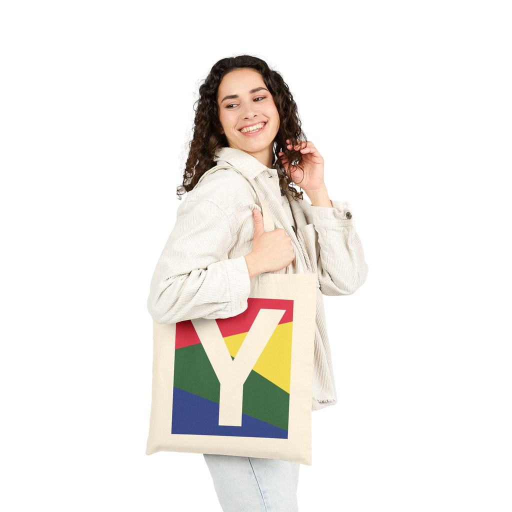 Initial Y Colorblock Canvas Tote Bag — Monogram Letter Y Reusable Grocery Tote