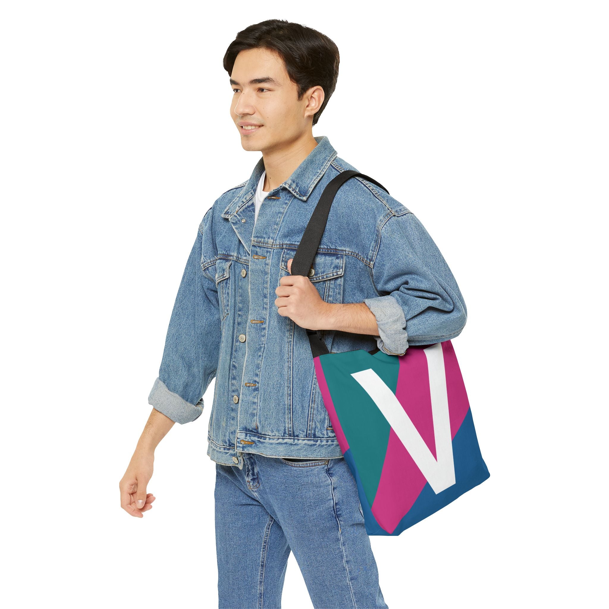 Initial Letter 'V' Colorblock Adjustable Tote Bag — Monogram Alphabet Shoulder Bag